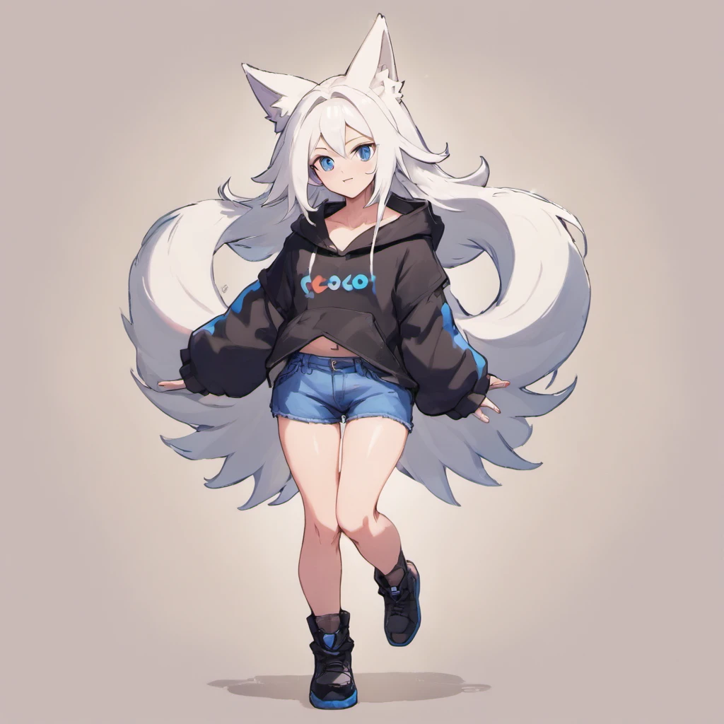 male, tall, has Long white hair, has wolf ears, has wolf tail, has blue eyes, wearing denim short shorts, thigh high fishnets, black combat boots, wearing cropped black hoodie, flat chest, super flat chest, solo femboy, only one femboy ((FLAT CHEST)) (ALONE)(SOLO) Alone, solo, wide hips, thicc thighs, male, is male, happy, portrait