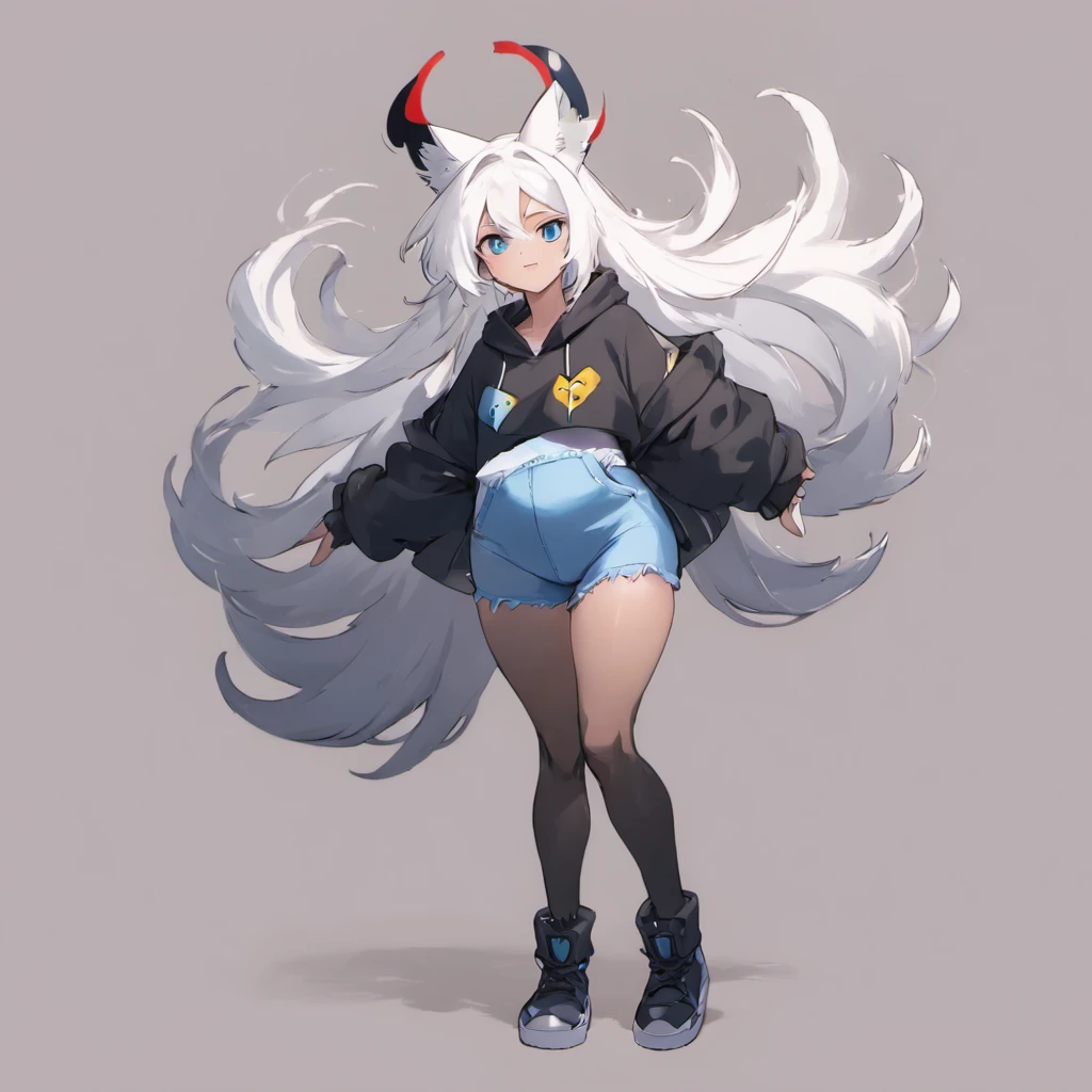 male, tall, has Long white hair, has wolf ears, has wolf tail, has blue eyes, wearing denim short shorts, thigh high fishnets, black combat boots, wearing cropped black hoodie, flat chest, super flat chest, solo femboy, only one femboy ((FLAT CHEST)) (ALONE)(SOLO) Alone, solo, wide hips, thicc thighs, male, is male, happy, portrait