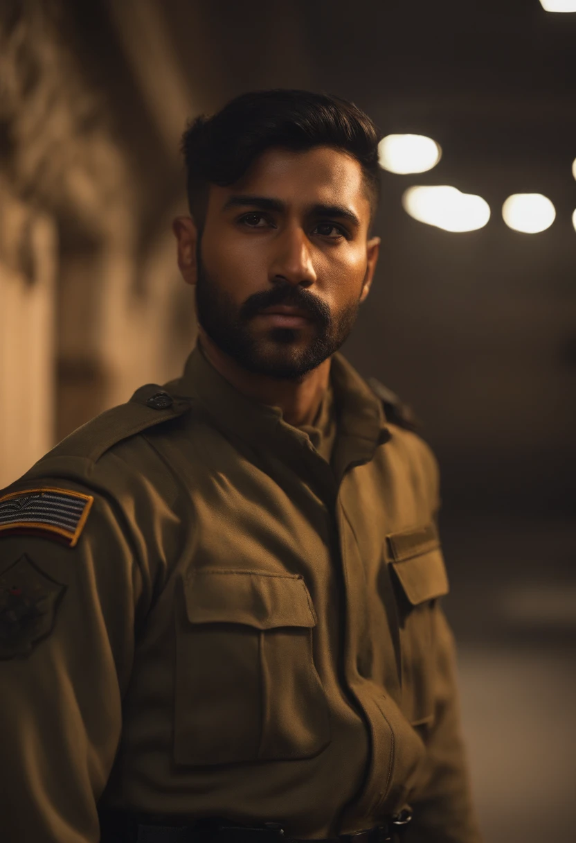 man, 28 years old, black hair, delta wing cut, wide nose, slanted eyes, black eyes, tanned skin, square chin, small mouth, thin beard, athletic body, wearing military pants, looking at the portrait, while a war is taking place in the background.