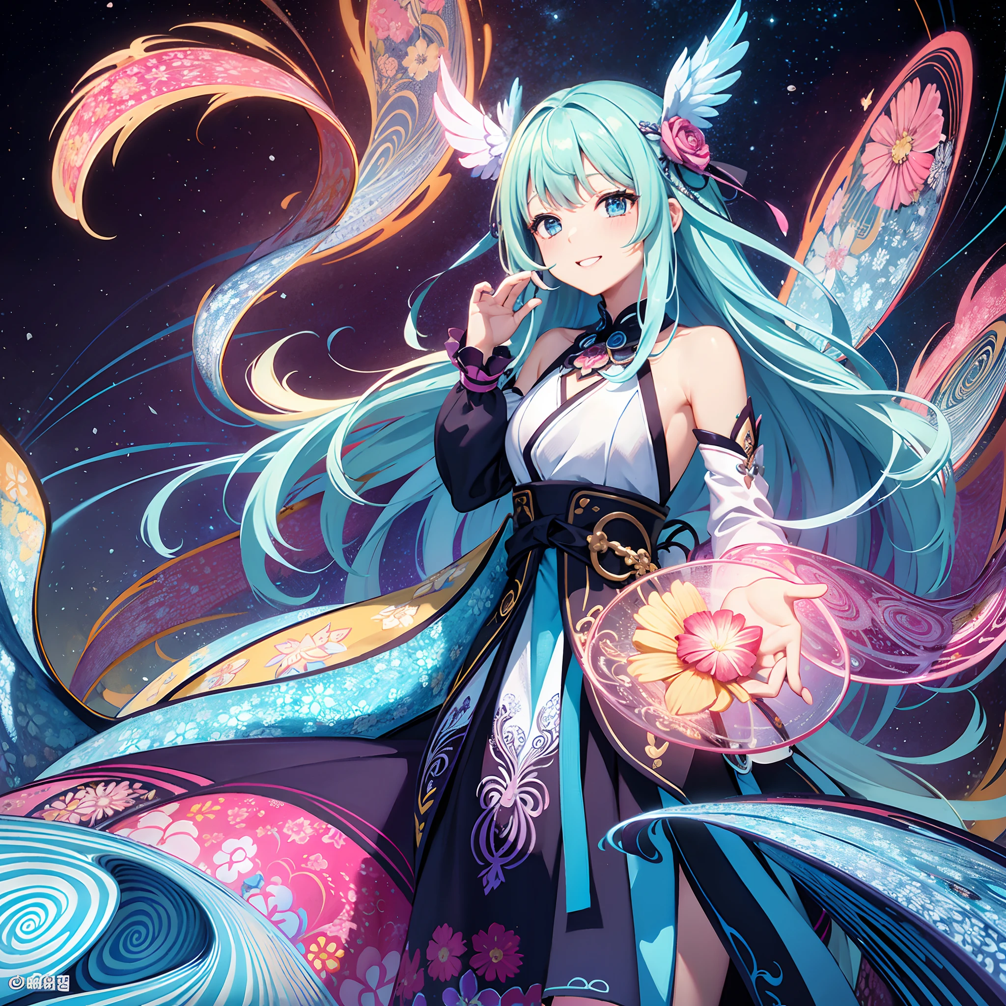 (masterpiece、top-quality、top-quality、Official art、Beautifully Aesthetic:1.2)、(1girl in:1.3)Light blue long hair、Twin-tailed、adorable smiling、ighly detailed、(Fractal Art:1.1)、(colourfull:1.1)(florals:1.3)、highestdetailed、(Zentangle:1.2)、(dynamicposes)、(Abstract background:1.3)、(shinny skin)、(Many colors:1.4)、、(耳Nipple Ring)、(pluma:1.5)、Phoenix dress、