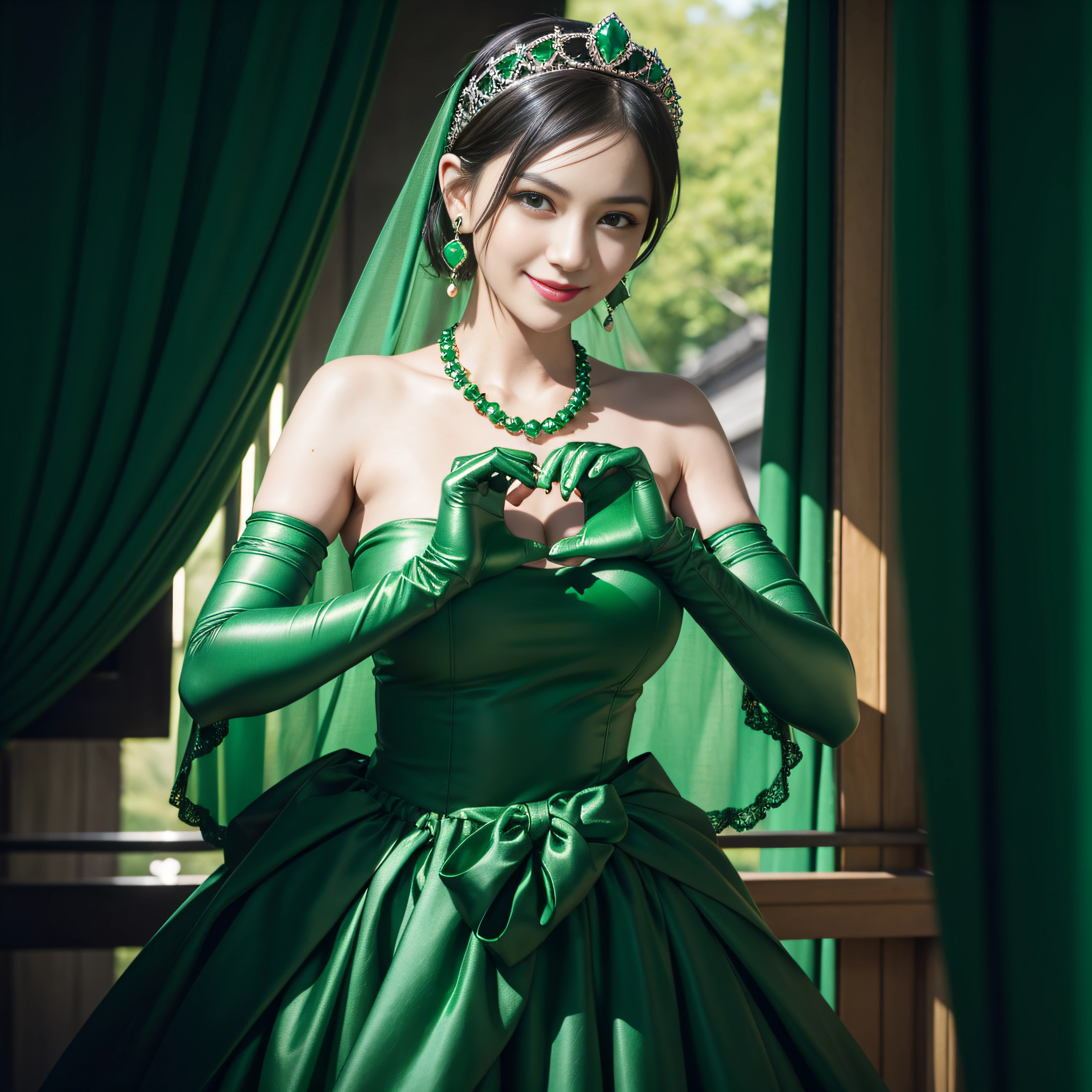 emerald tiara, Green Pearl Necklace, Boyish very short black hair, lipsticks, Japan woman smiling, very short short hair,  big breasts beautiful, Green eyes, Long green gloves made of satin material, Green eyes, Emerald Earrings, green vale, Heart with both hands