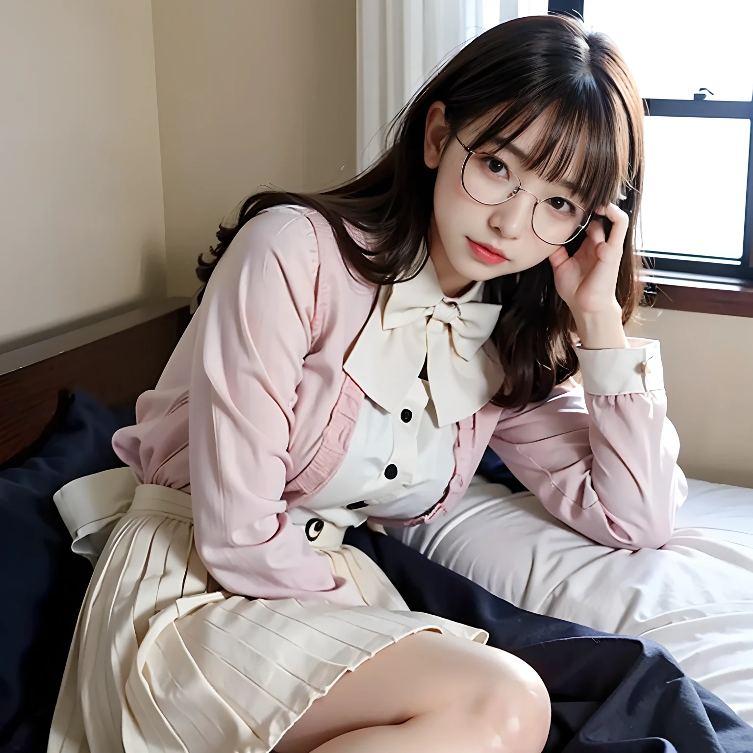 Highly detailed CG Unity 8k wallpaper, top quality, super detailed, masterpiece, realistic, photorealistic, very detailed cute girl, 25 years old, blush, parted lips, (()), (showing panties), back view, (look back), half body shot, pajamas, bed
、side ponytail of left