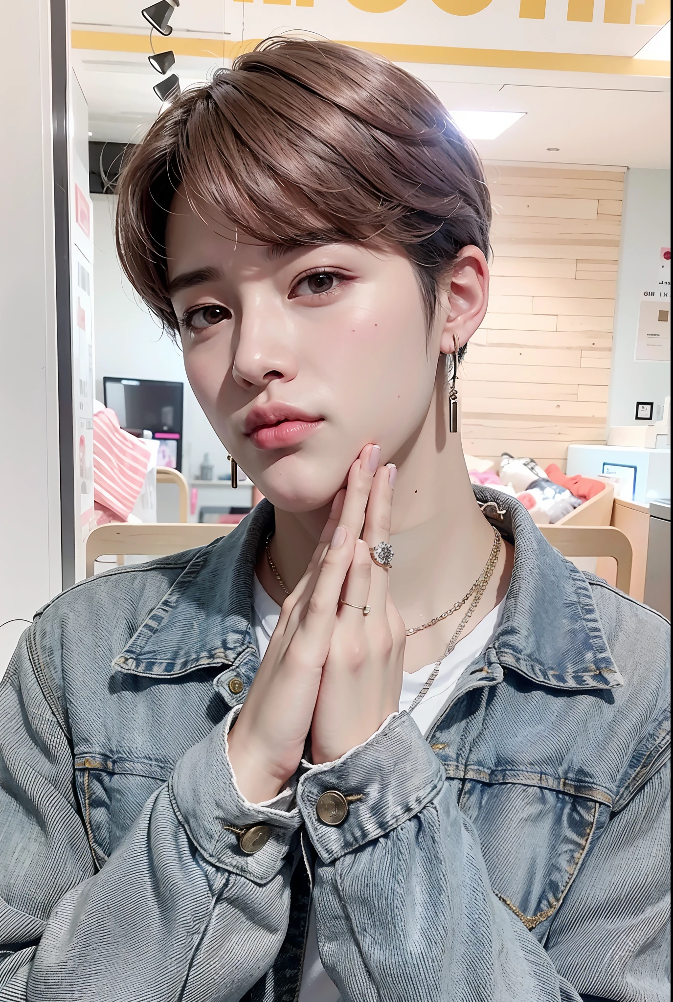 Image of a person with a pink lip and a denim jacket, Jimin\'s right eyelid swollen, Parque Jimin, Cai Xukun, Jimin\Plump lips, Jimin, Jimin\Nariz grego, Rosto Jimin preciso, Kim Doyoung, Jung Jaehyun, TaeJune Kim, Yanjun Chengt, Hyung Tae, com o dedo indicador