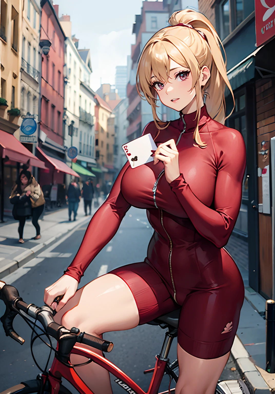 A woman in a burgundy dress holds a card on a bicycle, Knitted dress, Blonde ponytail, huge tit, Fitness model