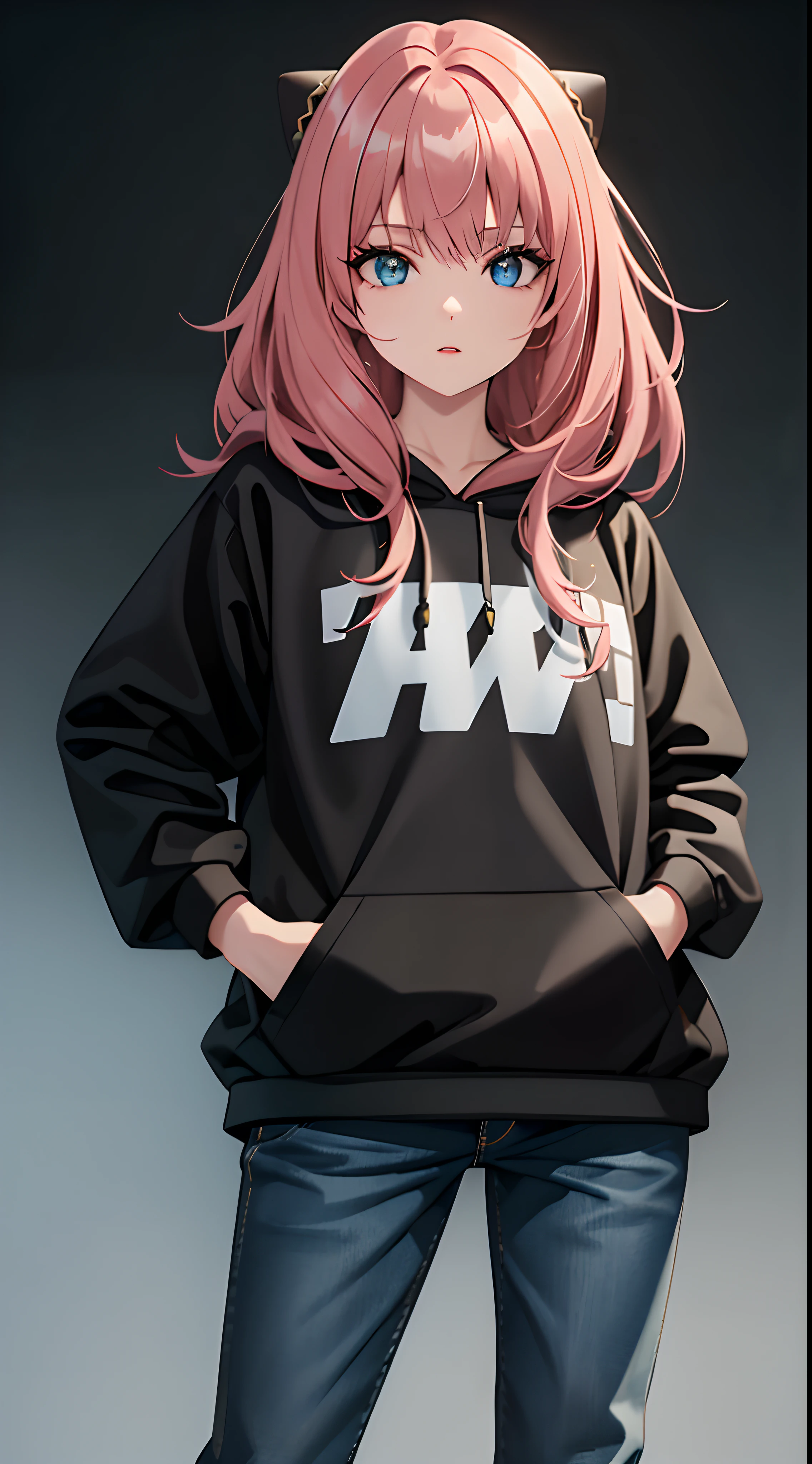 Masterpiece, (best quality,highres), full body shot, Anya forger, wearing Streetwear Hoodie, black jeans, detailed eyes, detailed lips, hair texture, soft background, vivid colors, dinamic lighting, bokeh