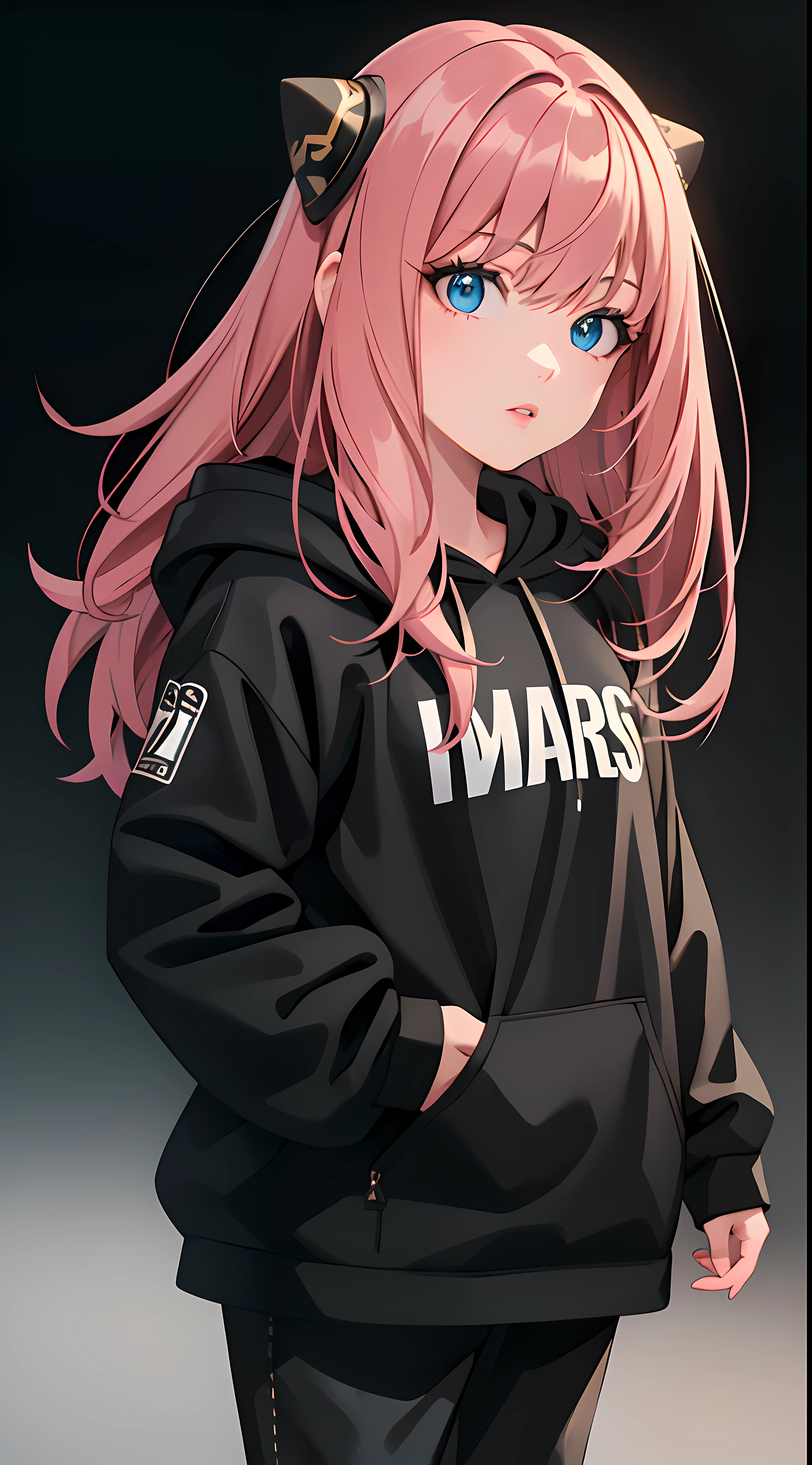 Masterpiece, (best quality,highres), full body shot, Anya forger, wearing Streetwear Hoodie, black jeans, detailed eyes, detailed lips, hair texture, soft background, vivid colors, dinamic lighting, bokeh