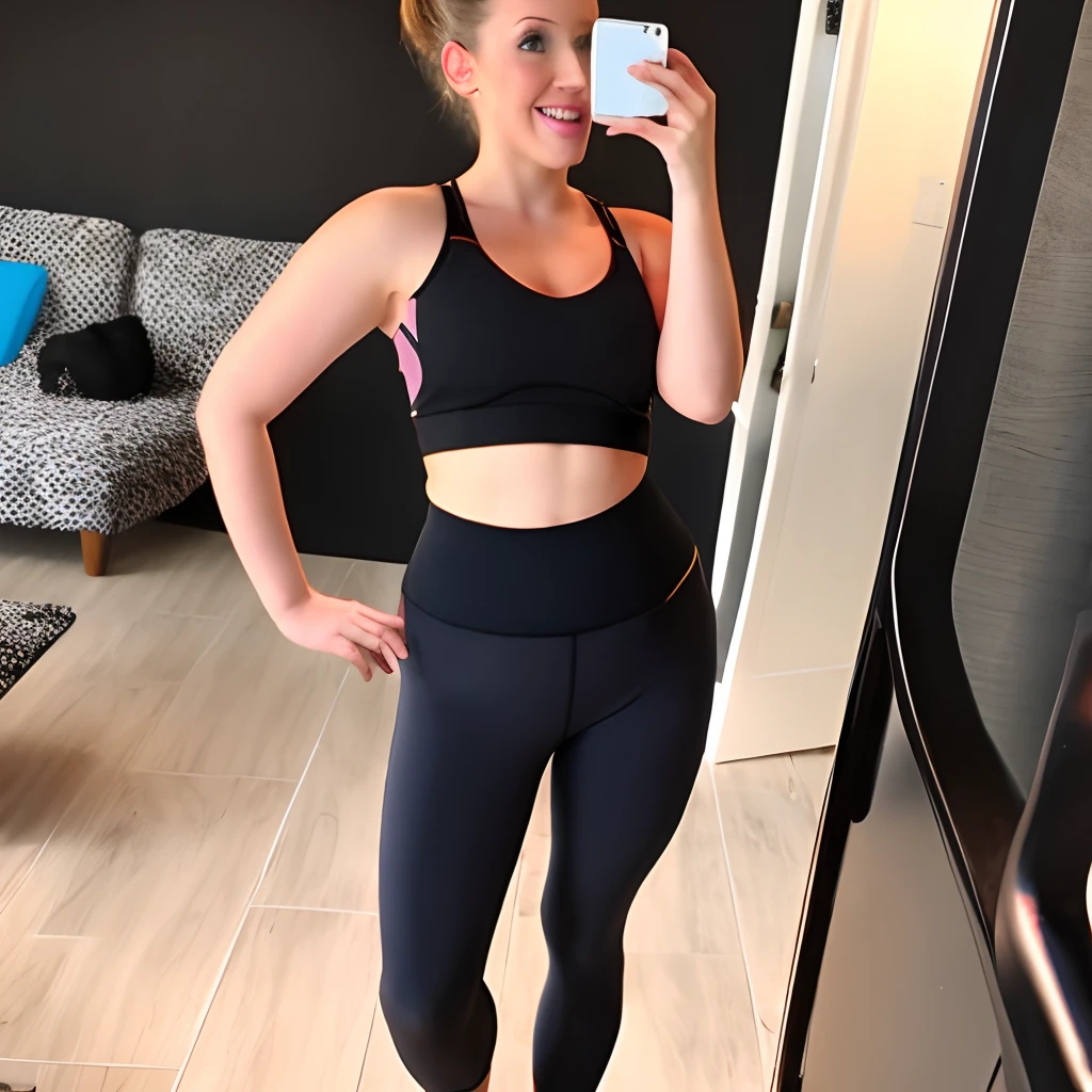 Sexy Bbw brunette wearing a black sports bra and black capri leggings and black high heels with hair in a bun