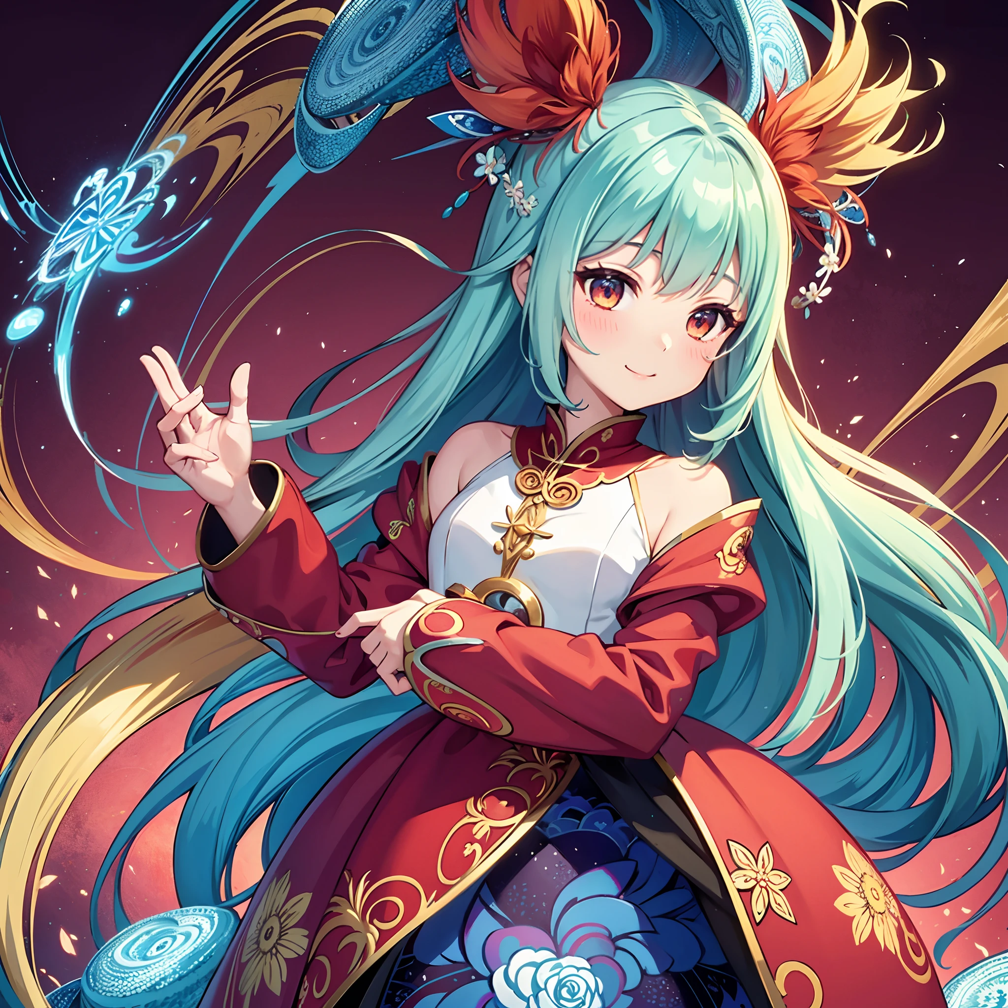 (masterpiece、top-quality、top-quality、Official art、Beautifully Aesthetic:1.2)、(1girl in:1.3)Light blue long hair、Twin-tailed、adorable smiling、ighly detailed、(Fractal Art:1.1)、(colourfull:1.1)(florals:1.3)、highestdetailed、(Zentangle:1.2)、(dynamicposes)、(Abstract background:1.3)、(shinny skin)、(Many colors:1.4)、、(耳Nipple Ring)、(pluma:1.5)、Red background、Phoenix dress、