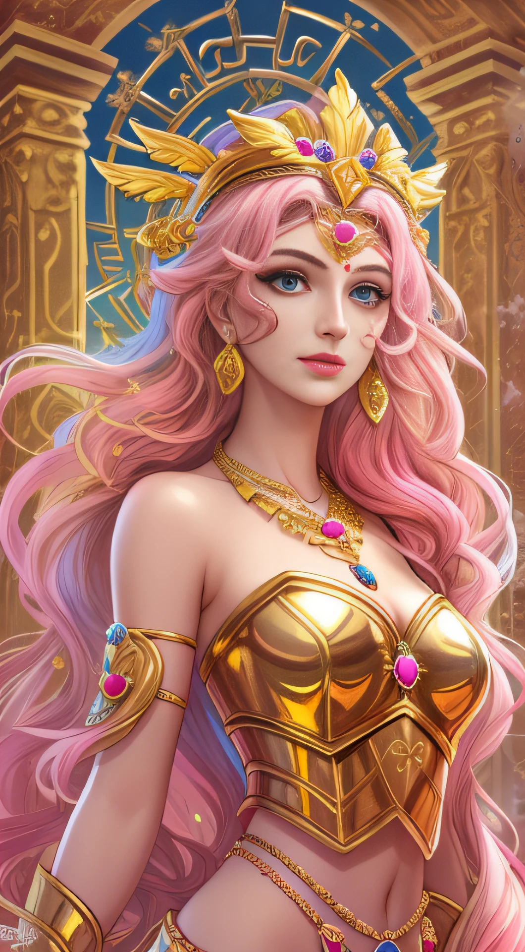 1 goddess of love, greek mythology pink armour, colourful hair, smilling, positive vibes, in the heaven, clear eyes, beautiful eyes, beautiful body, supporting face, detailed face, hair ornaments, golden necklace, golden rings, golden earrings, high resolution, 8k, masterpiece