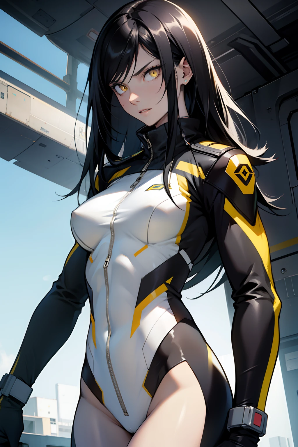 1 girl, black hair, yellow eyes, very long hair, pale skin, fit body, slender body, slim waist, large breasts, (confident expression), pilot suit, thigh gap