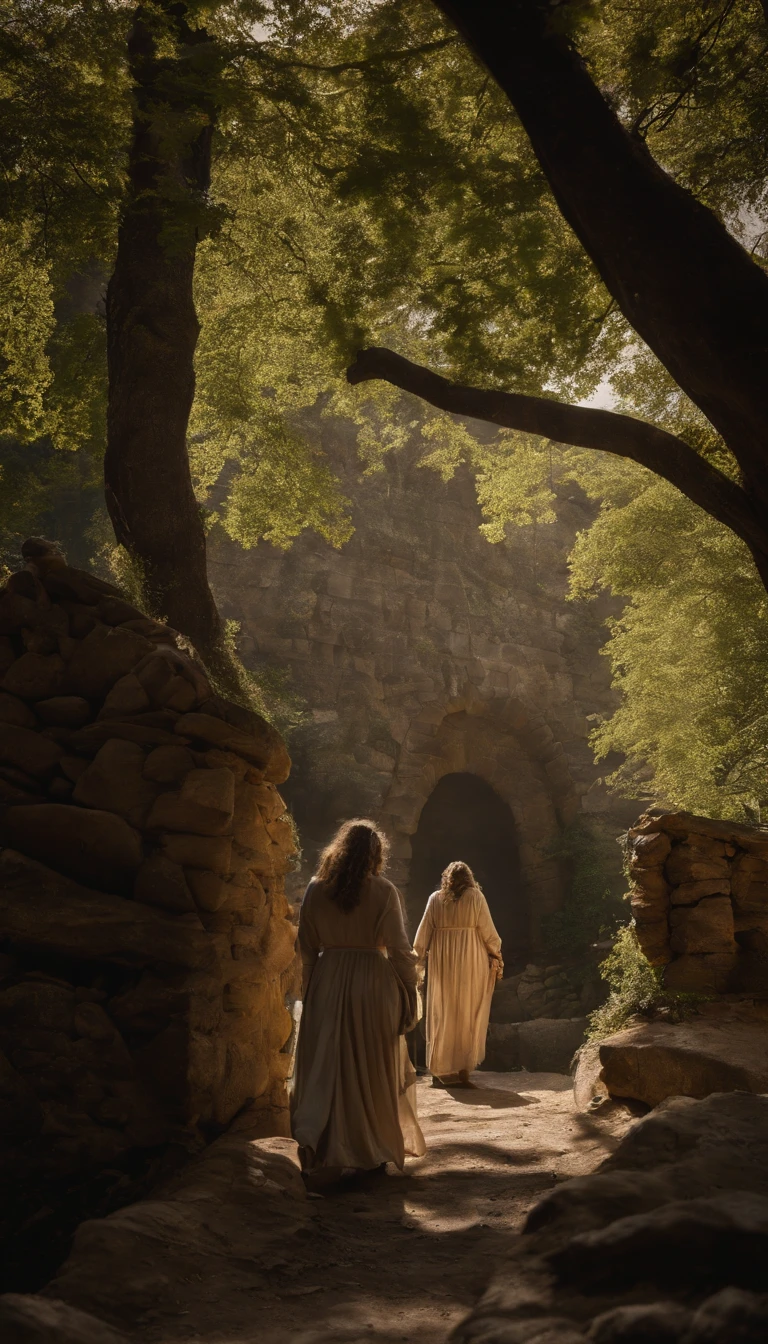 uma vila medieval, cabanas com paredes de pedra e telhados de palha, um caminho de terra, exotic trees, people tending to wear long robes and tunics, Atmospheric, medieval, cinemactic, foto real