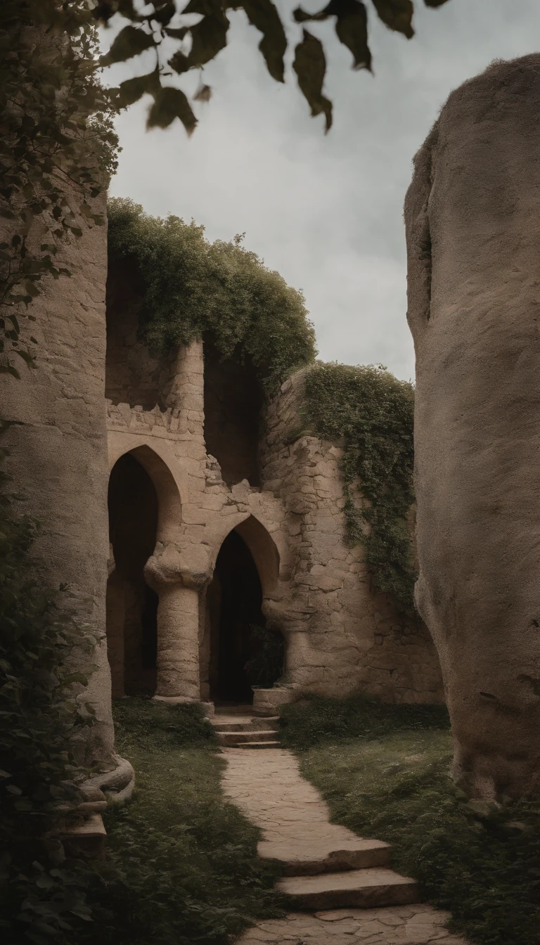uma vila medieval, cabanas com paredes de pedra e telhados de palha, um caminho de terra, exotic trees, people tending to wear long robes and tunics, Atmospheric, medieval, cinemactic, foto real