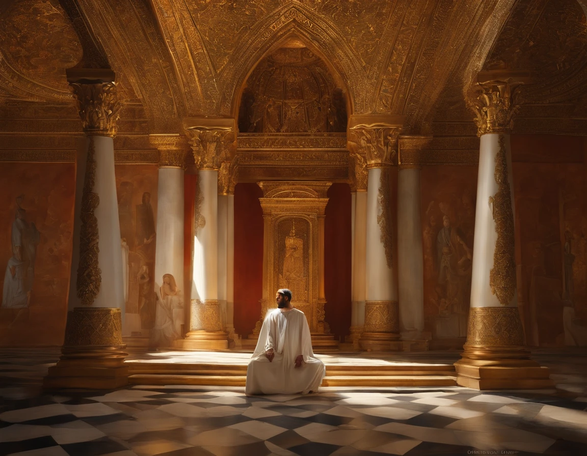the prophet Nathan;,kneeling before Solomon's throne,rostos brilhando com luz divina, Solomon, jovens e nobres, usando uma coroa, sentado confiantemente no trono, The Other Kingdom Leaders, Admiration and reverence, seus rostos cheios de expectativa e respeito, The ceremony taking place in a large hall, adorned with intricate tapestries and gilded chandeliers, o ambiente cheio de solenidade e significado, rays of sun flowing through stained glass windows, casting a colorful glow on the scene, the room filled with the fragrance of burning incense and the sound of soft singing, Captando a sacralidade do momento, The detailed brushstrokes that capture every expression and gesture, dando vida aos personagens, as cores vibrantes e ricas, showcasing the opulence of the palace and the significance of the occasion, as sombras e os realces habilmente renderizados, creating a sense of depth and realism, os detalhes intrincados das roupas dos personagens, adornado com bordados requintados e joias, simbolizando seu status e poder, the twinkling candlelight casting a warm and subtle glow on their faces, capturing your emotions and adding a touch of intimacy to the scene, The overall balanced and harmonious composition, Drawing the viewer's eye to the central figures and their symbolic meaning, The painting inviting viewers to witness this historic moment in the kingdom's history, uma obra-prima da narrativa visual.)