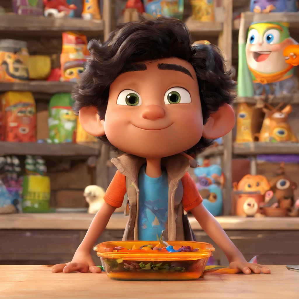 Crie um cartaz inspirado na Disney Pixar com o personagem sendo um jovem menino, A black-haired man without glasses, the scene will be in Pixar's distinctive digital art style. Focus on Character Expressions, Vibrant colors and detailed textures feature its animations, with the title " Keniston Braga no meio, Quero a cena dos principais filmes do PIXar
