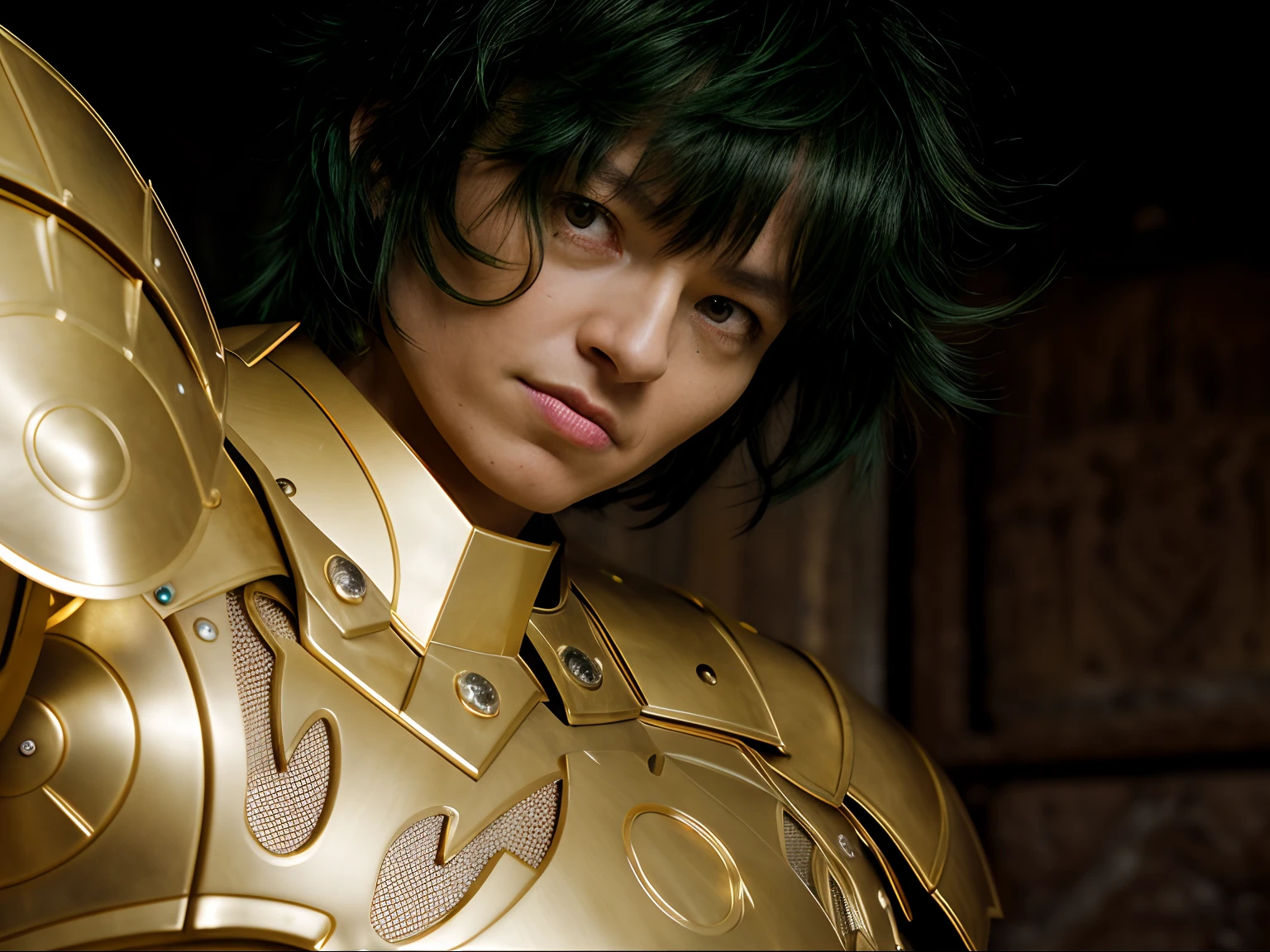 Cinematic stunningly detailed and ultra-realistic of Shura of Capricorn of Saint Seiya. Close up, slightly low and side view. He is wearing a golden detailed medieval armor. Shoulder armor. Muscular. He is Spanish man about ((45 years old)). 1boy. Detailed face. (Pretty big green eyes). Perfect eyes. (Serious look). ((Strong exrepssion)). (Shaved)). He has short green hair. Messy hair. Bangs. (breast less). He is staring his enemy. (full body armor), (bright golden armor), (detailed armor, high quality), (ornate armor), (hdr), (noble), inspiring, film, cinematic lighting.