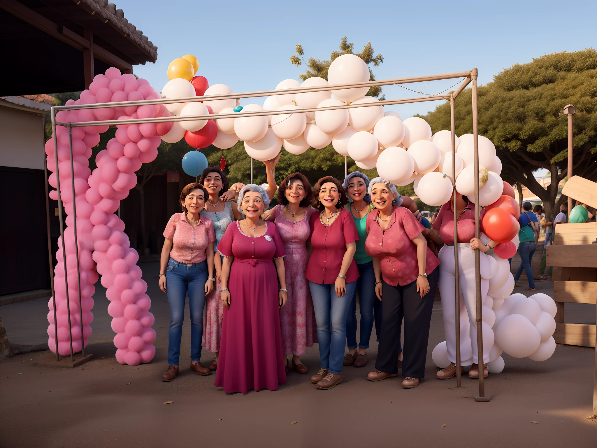 Uma grupo de amigas, todas com mais de 40 anos, comemoram o sucesso em um feira de artesanato