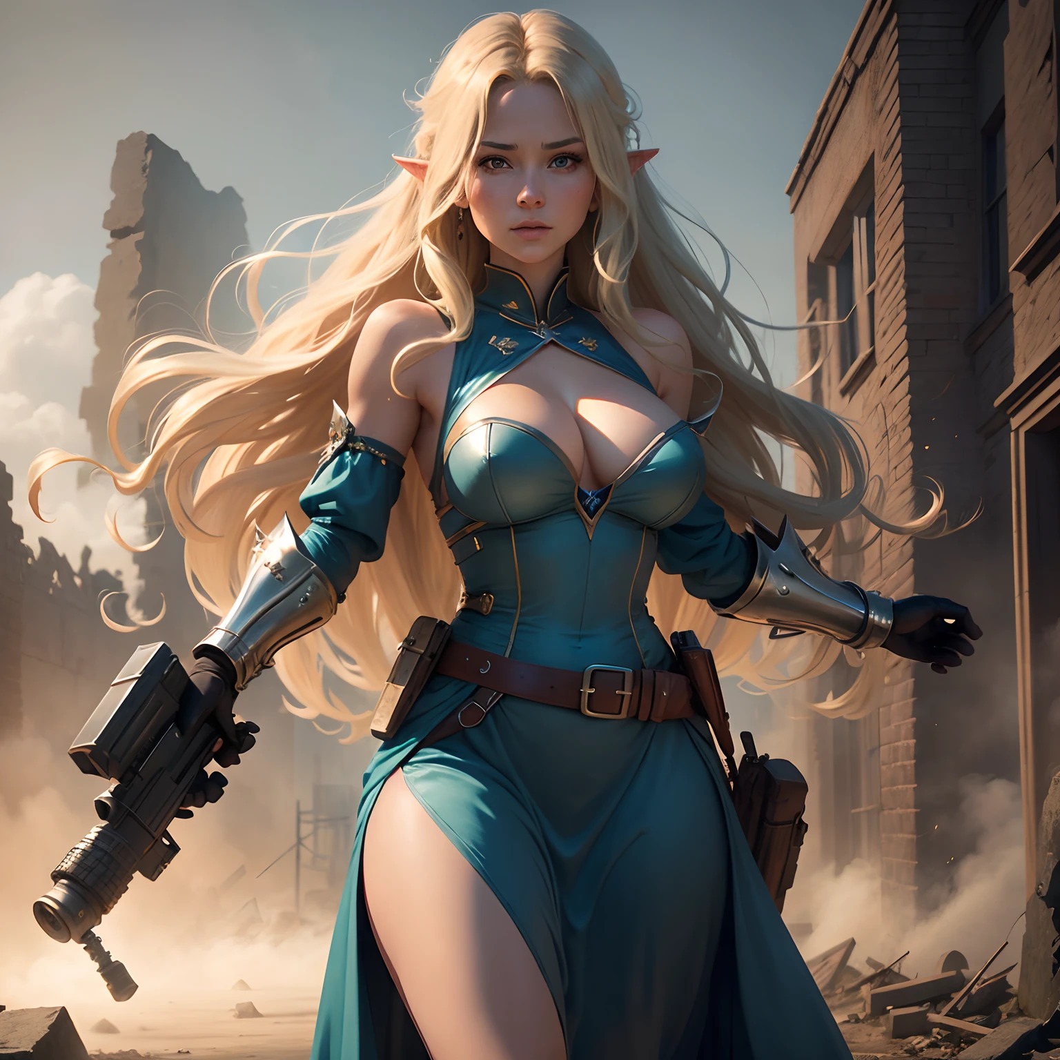 Masterpiece, beste-Qualit, Blonde elf woman with long wavy hair in long shiny blue dress with bodice, cleavage, breast curtains, Armed with a grenade launcher, hung with cartridge belts and grenades.  (Fully armored arms and legs). It's working. Holds a weapon. dynamic environment. A strong wind is blowing. Make your way through the ruins of an ancient city, that are partially hidden in the fog. Explosion in the background. Strange Shadows. Gloomy and unsettling atmosphere. higly detailed. delicate detail. photo realism. (full-length photo)