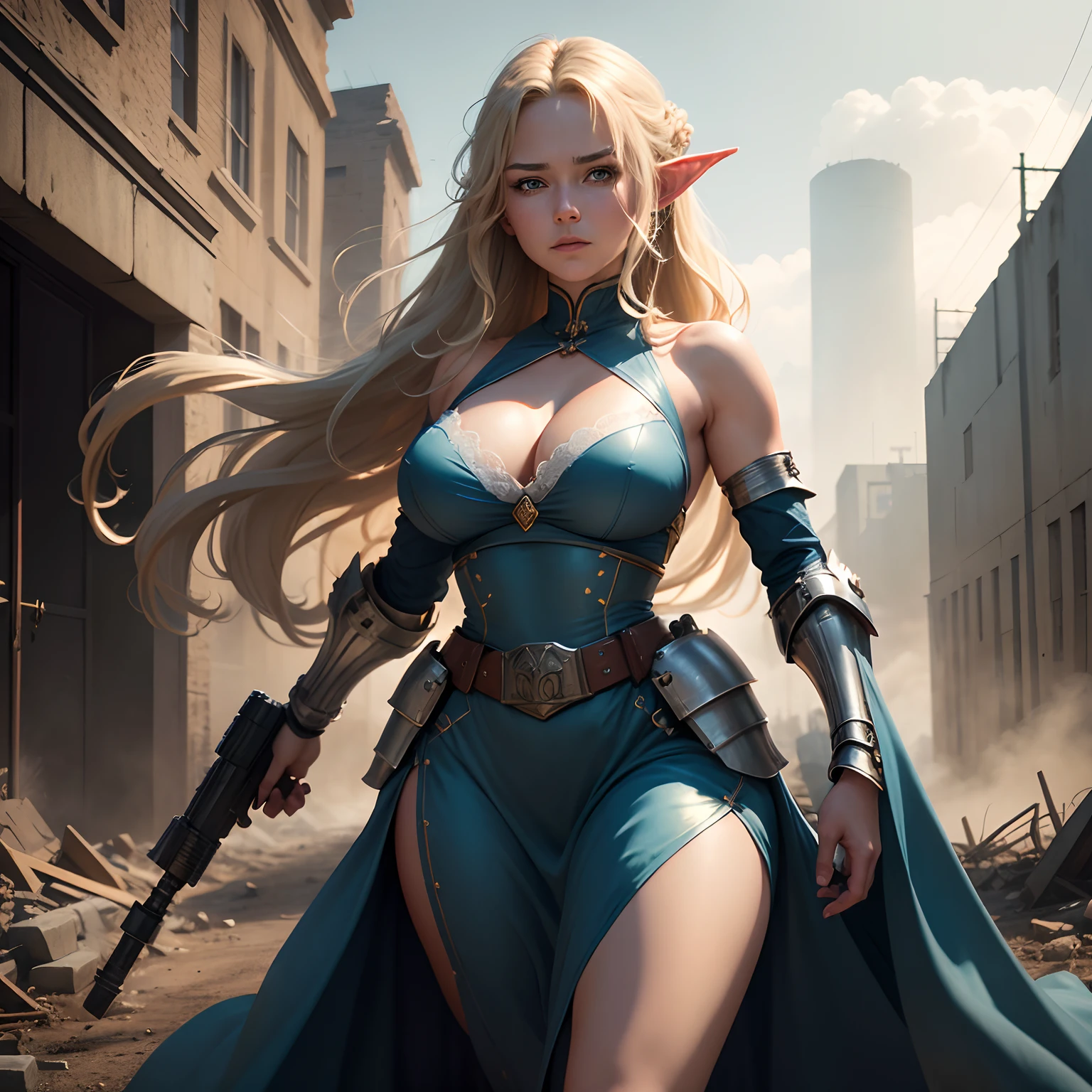 Masterpiece, beste-Qualit, Blonde elf woman with long wavy hair in long shiny blue dress with bodice, cleavage, breast curtains, Armed with a grenade launcher, hung with cartridge belts and grenades.  (Fully armored arms and legs). It's working. Holds a weapon. dynamic environment. A strong wind is blowing. Make your way through the ruins of an ancient city, that are partially hidden in the fog. Explosion in the background. Strange Shadows. Gloomy and unsettling atmosphere. higly detailed. delicate detail. photo realism. (full-length photo)