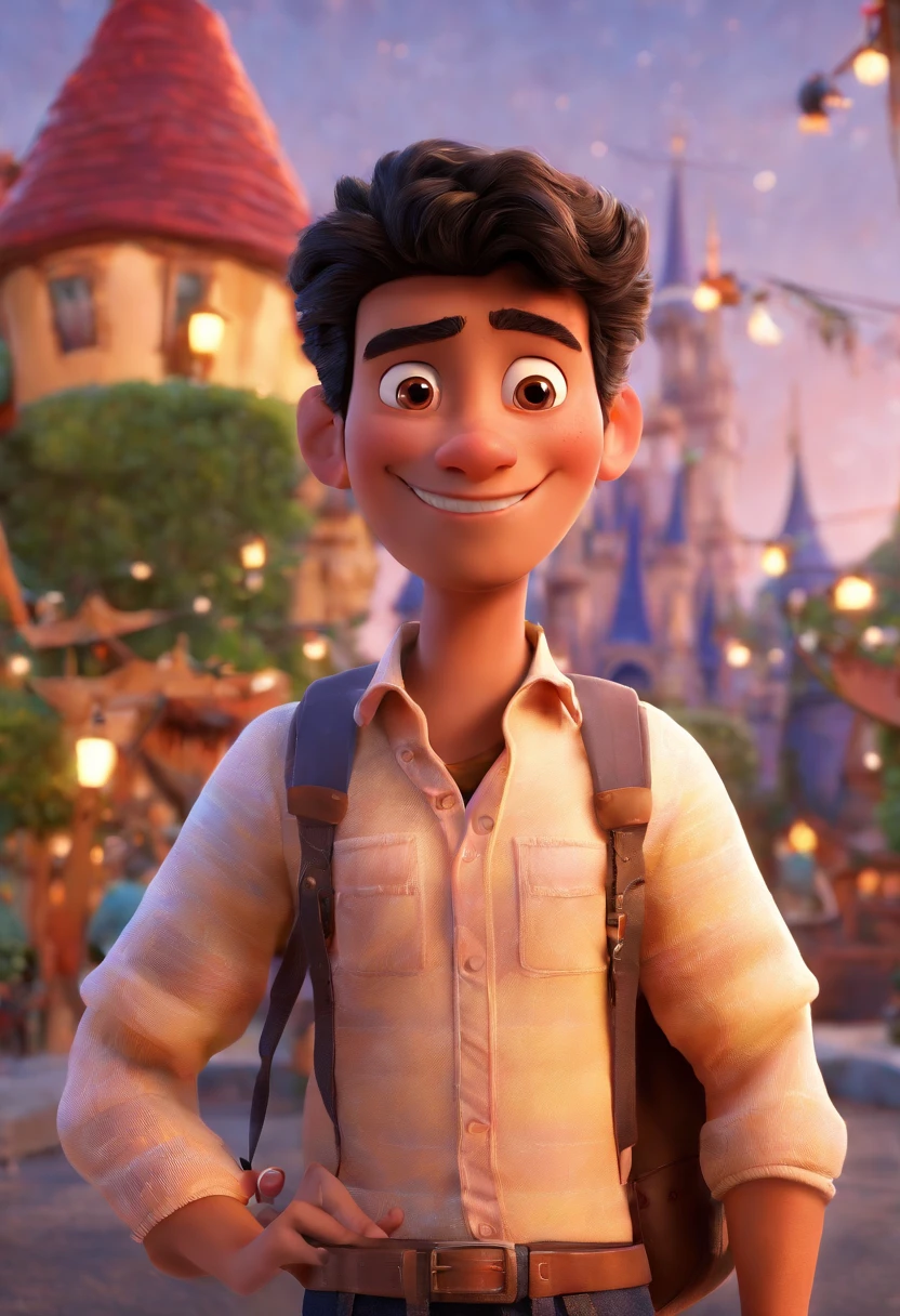 Crie um cartaz inspirado na Disney Pixar com o personagem sendo um jovem menino de terno preto gracata vermelha , A black-haired man without glasses, the scene will be in Pixar's distinctive digital art style. Focus on character expressions, Vibrant colors and detailed textures present your animations, with the title " Keniston Braga no meio, Quero a cena dos principais filmes do PIXar