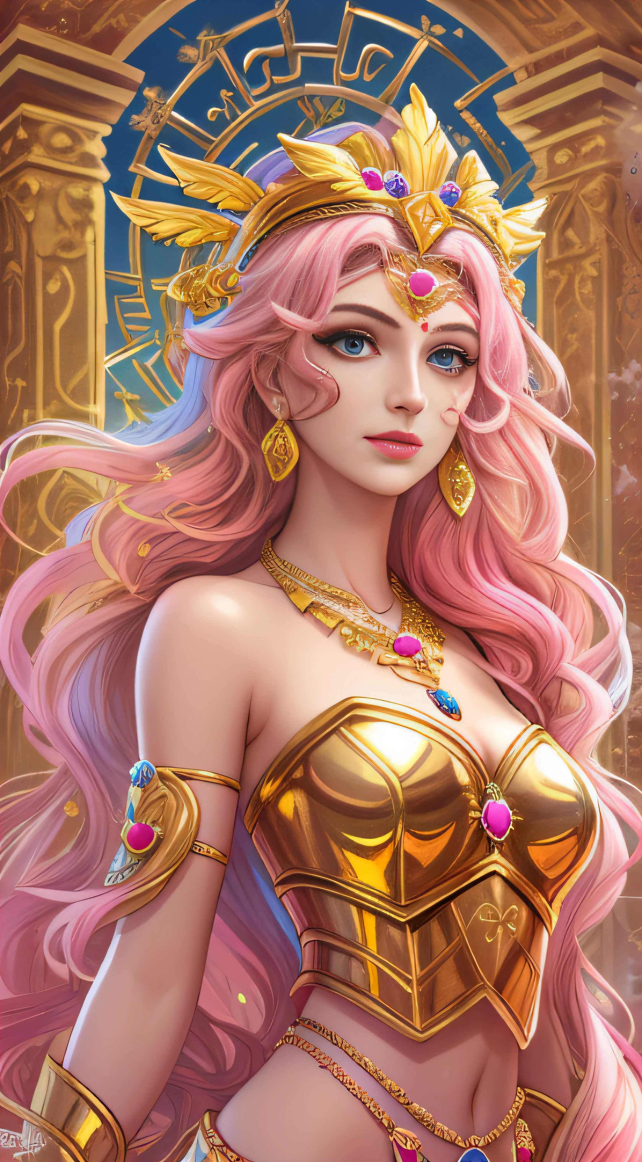 1 goddess of love, greek mythology pink armour, colourful hair, smilling, positive vibes, in the heaven, clear eyes, beautiful eyes, beautiful body, supporting face, detailed face, hair ornaments, golden necklace, golden rings, golden earrings, high resolution, 8k, masterpiece