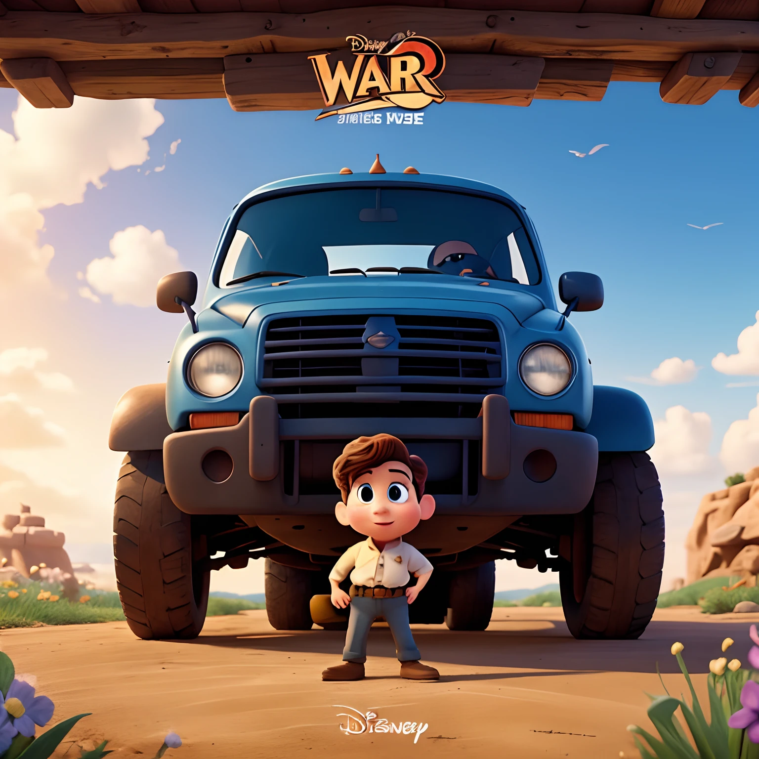 Make a disney-style pixar poster with a war background