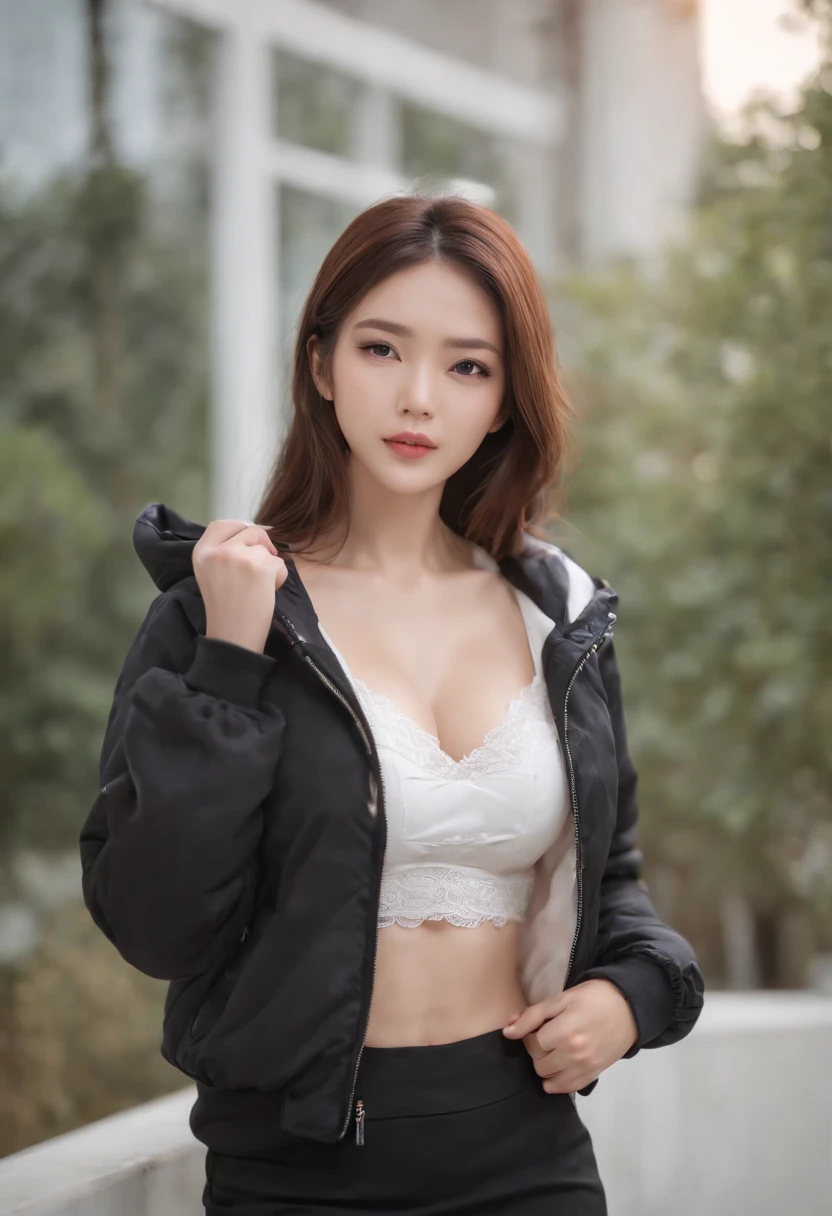 Japanese woman, Chinese girl, best quality, masterpiece, 1girl, Beautiful face, (realistic photo:1.3), rim lighting, (high detail skin:1.2), 8k uhd, dslr, high quality, high resolution, 4k, 8k, Bokeh , absurdres, the best ratio of four fingers and one thumb, (realistic: 1.3), girl 1 cute, (((wearing a black hoddie jacket))),(((white bra))), (big breasts), short skirt, ((full body: 1.3)), sexy pose,