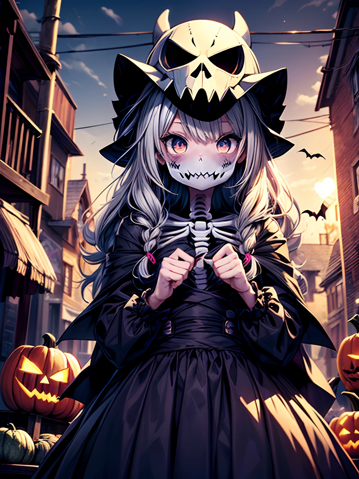 (masterpiece, best quality:1.2), 1girl, solo, long blonde hair, blue eyes, vampire costume, fangs, black hairband, bucket of candy in one hand, smiling, standing on sidewalk, trick-or-treater, bloodstained clothing, bloodsplatter, eerie, spooky atmosphere, Halloween, vampire costume, bucket of candy, suburbs, night