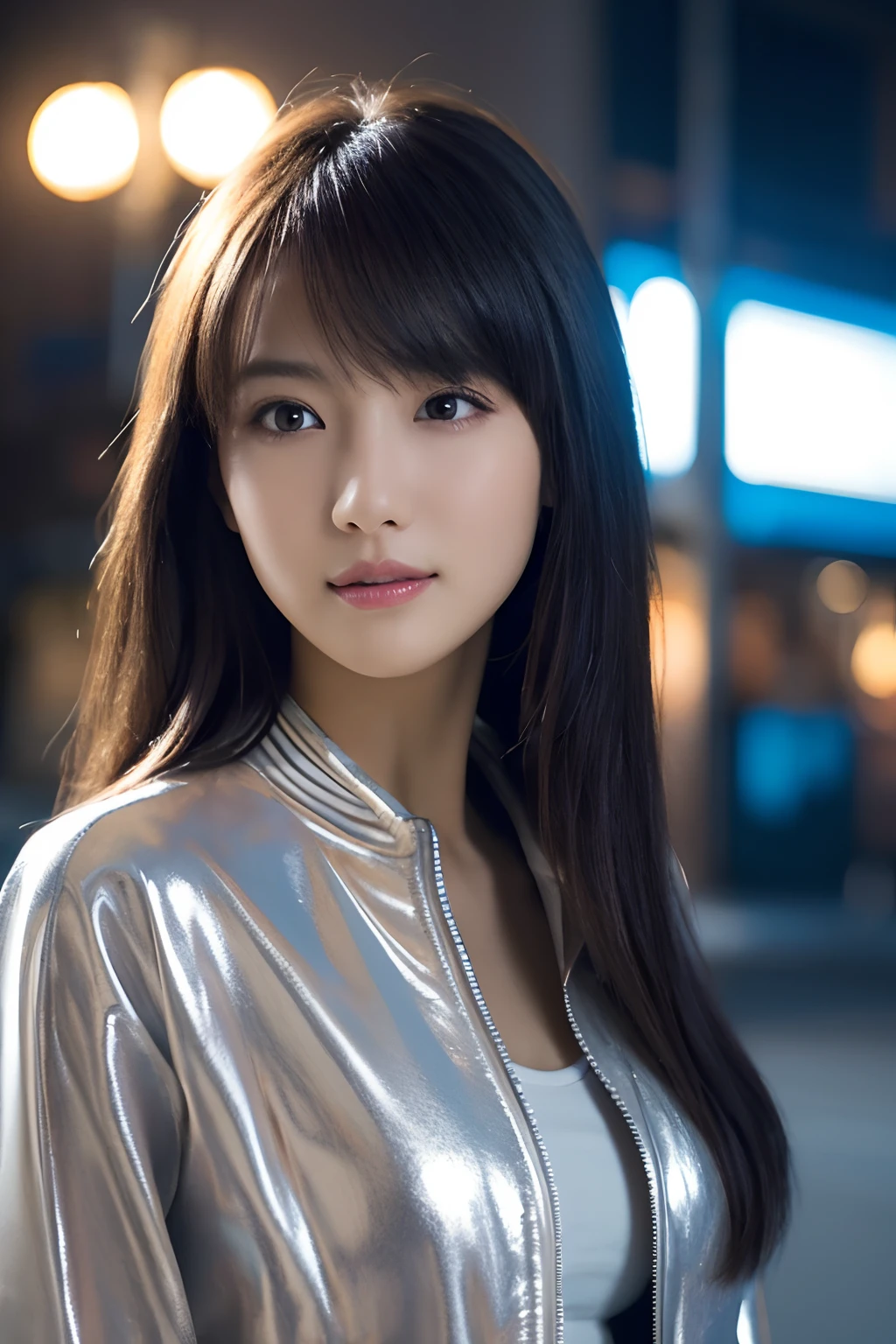 1girl in, (Wear a platinum jacket:1.2), (Raw photo, Best Quality), (Realistic, Photorealsitic:1.4), masutepiece, Extremely delicate and beautiful, Extremely detailed, 2k wallpaper, amazing, finely detail, the Extremely Detailed CG Unity 8K Wallpapers, Ultra-detailed, hight resolution, Soft light, Beautiful detailed girl, extremely detailed eye and face, beautiful detailed nose, Beautiful detailed eyes, Cinematic lighting, city light at night, Perfect Anatomy, Slender body, Taut, 
Straight semi-long hair, Bangs, Looking at Viewer, A slight smil