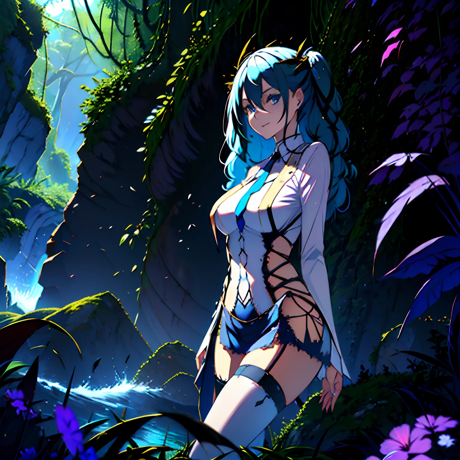 1 girl, solo, Ceres_Fauna, aberrant colours, tattered and torn clothing, torn white stockings, cool legwear, blue and violet hair, hair between eyes, black halo above head, long curly hair with black tips, blue eyes, evil aura, light smile, alien-like woods in background