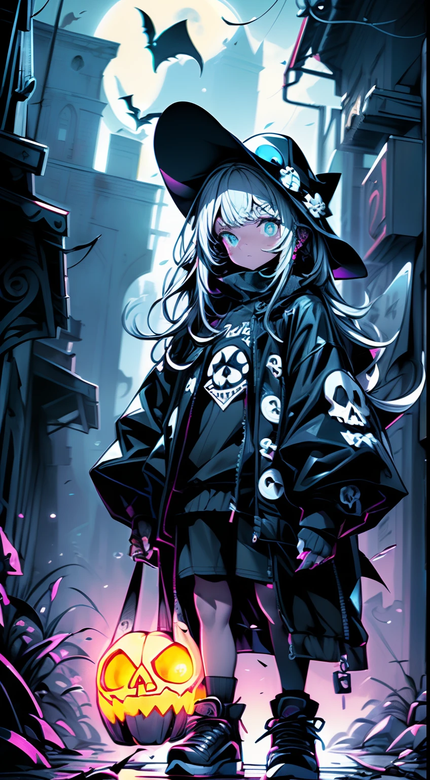 (Best quality,A high resolution,Masterpiece:1.2),Ultra-detailed,Rich Halloween atmosphere，There are geometrically shaped circles on the ground，Glowing circles，1loli，(Holding a glowing jack-o-lantern in his hand:1.3)，Witch hat，(Costumes with the theme of human bones:1.4)，Desolate background，(The bare trees are covered with jack-o-lanterns:1.3)，A few flying bats，(A moon in the shape of a full skull:1.2)，eerie moonlight