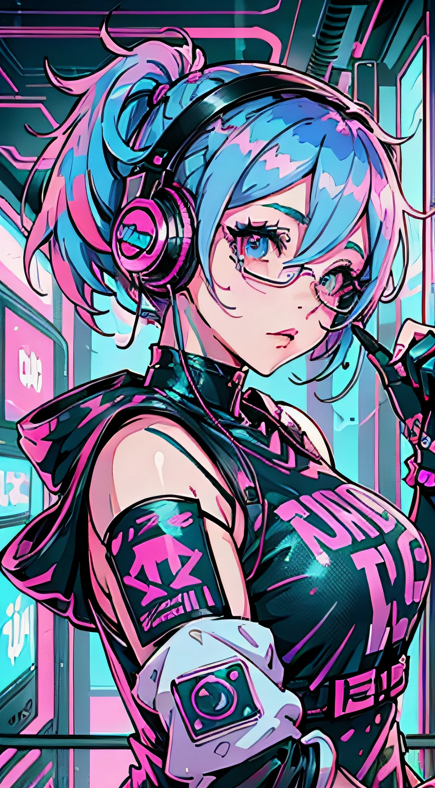 arafed girl with blue hair and headphones holding a pink toy, belle delphine, pastel goth aesthetic, gamer aesthetic, e - girl, e-girl, pastel goth, has cyberpunk style, aesthetic cyberpunk, cyber aesthetic, in cyberpunk style, in cyberpunk aesthetic, very aesthetic!!!!!!, twitch streamer, dreamy cyberpunk girl, 8 0 s anime vibe