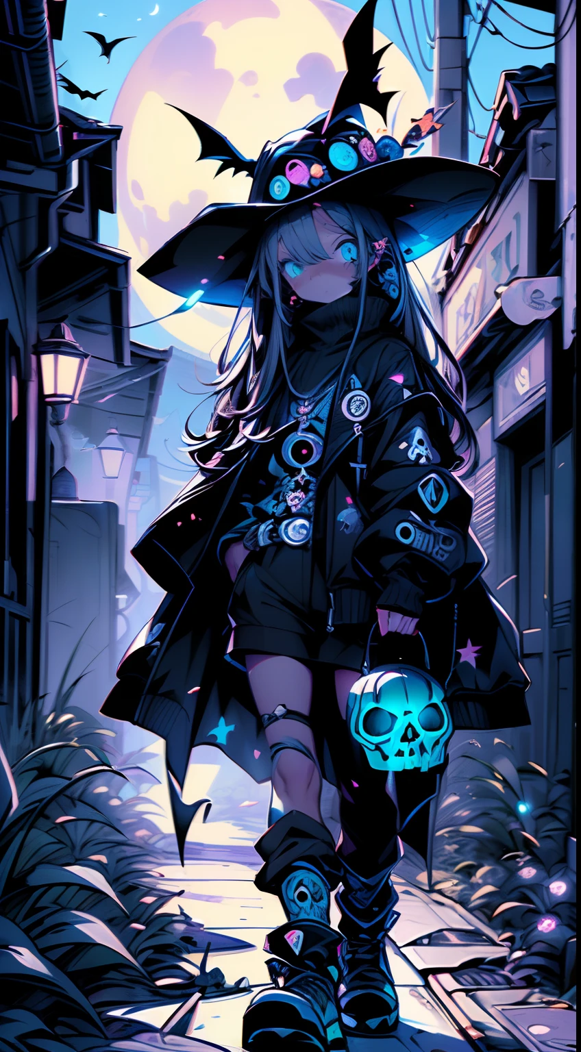 (Best quality,A high resolution,Masterpiece:1.2),Ultra-detailed,Rich Halloween atmosphere,There are geometrically shaped circles on the ground,Glowing circles,1loli,(Holding a glowing jack-o-lantern in his hand:1.3),Witch hat,(Costumes with the theme of human bones:1.4),Desolate background,(The bare trees are covered with jack-o-lanterns:1.3),A few flying bats,(A moon in the shape of a full skull:1.2),eerie moonlight