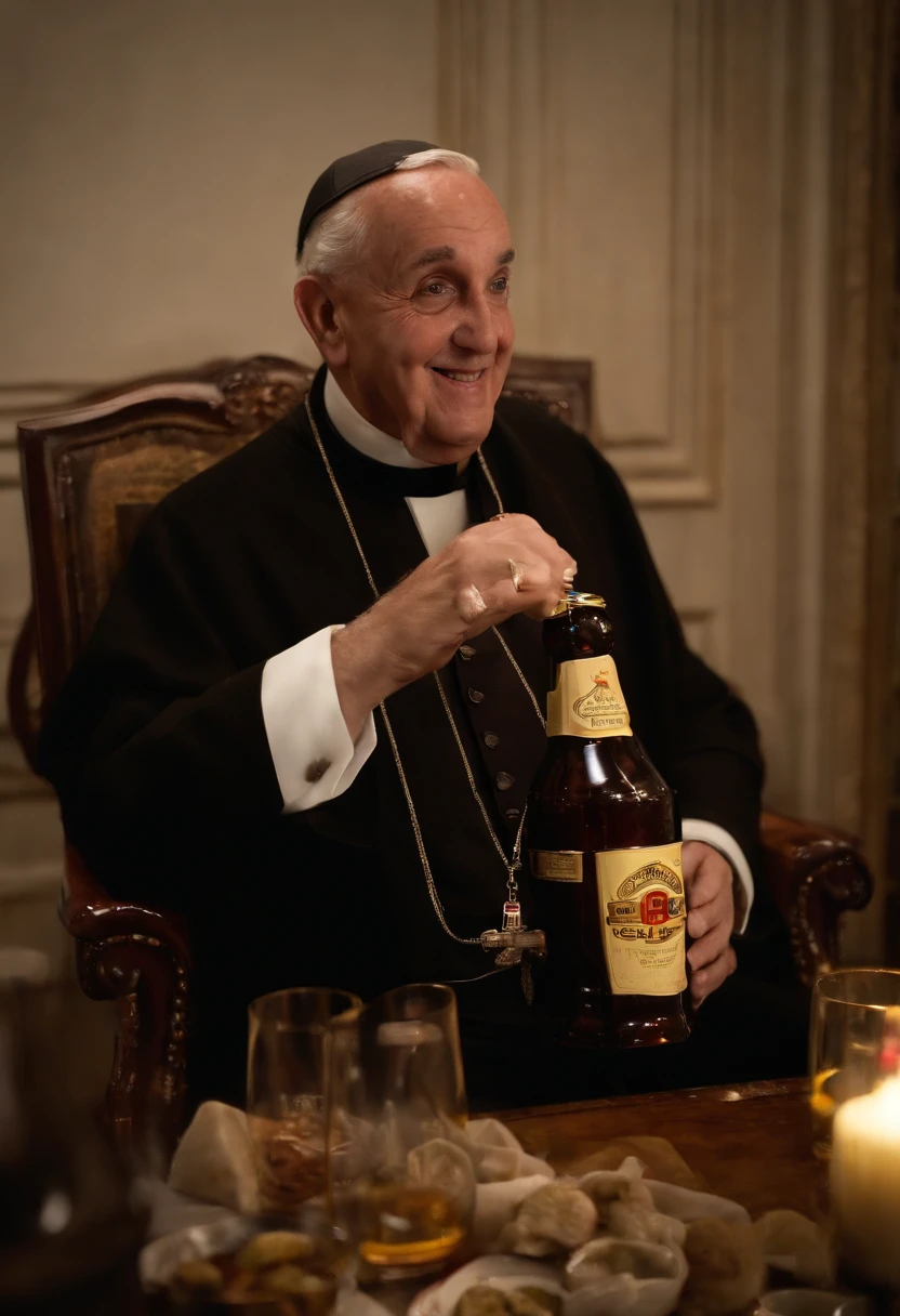 crea una imagen muy realista del papa francisco bebiendo cerveza
