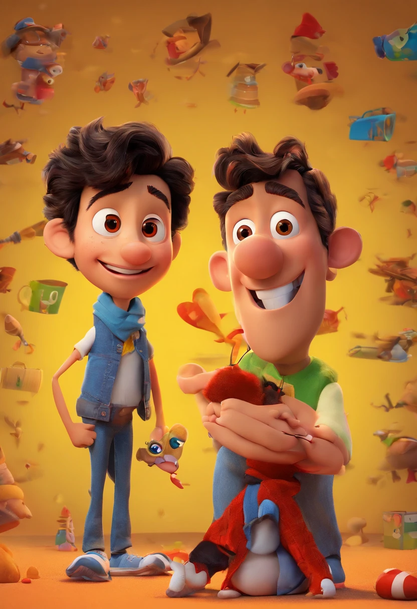 Crie um cartaz inspirado na Disney Pixar com o personagem sendo um jovem de terno preto gracata vermelha , A black-haired man without glasses, the scene will be in Pixar's distinctive digital art style. Focus on character expressions, Vibrant colors and detailed textures present your animations, with the title " Keniston Braga no meio, Quero a cena dos principais filmes do PIXar
