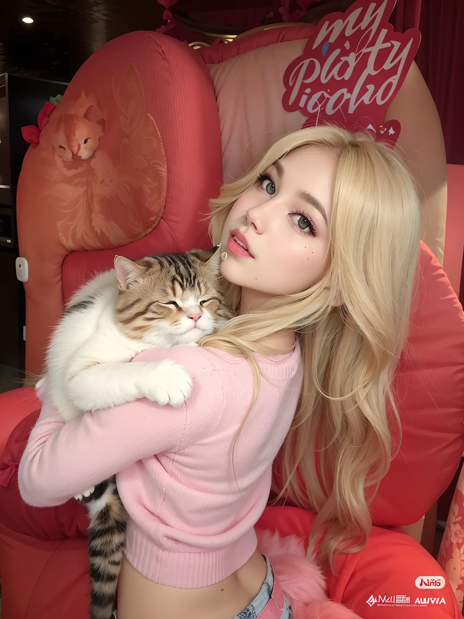Blonde woman with long hair holding a cat in her arms, ava max, Parque Roseanne do Blackpink, jossi do blackpink, bochechas grandes segurando seu gato, muito bonita gatinha fofa, Retrato de Jossi de Blackpink, com gato pequeno no colo, com gatos ao seu lado, menina gato atraente, she is holding a cat in her arms, gatinha jovem bonita