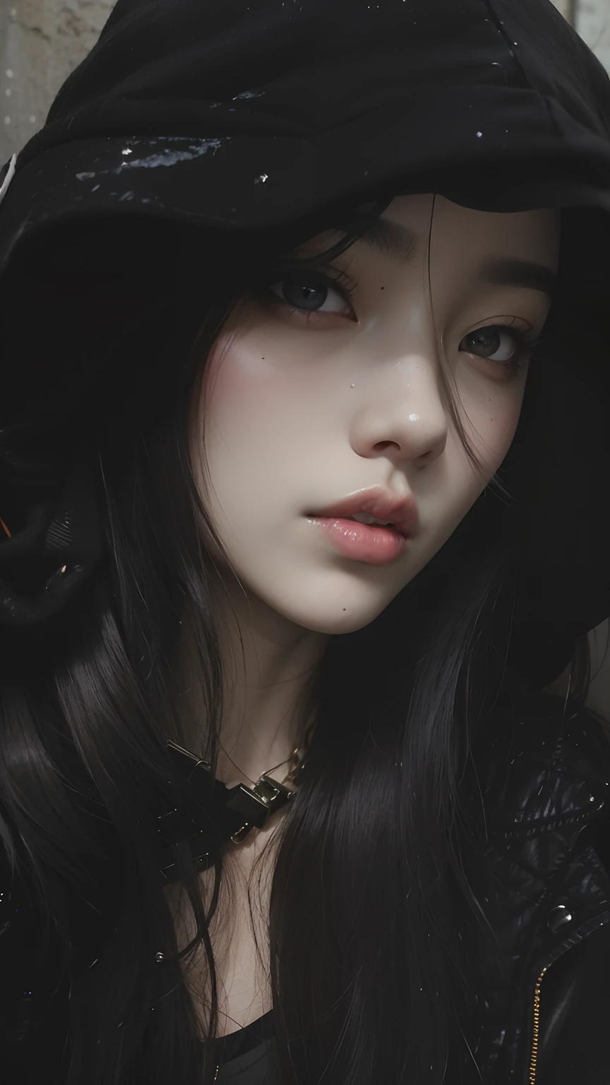 um close up de uma mulher com longos cabelos pretos usando um capuz, cruel korean goth girl, pale goth beauty, com cabelos longos e olhos penetrantes, pale porcelain white skin, Arte no estilo de Guweiz, cara bonito. fantasia sombria, pale white face, Ulzzang, pale skin and dark eyes, detailed face of a asian girl, Guweiz