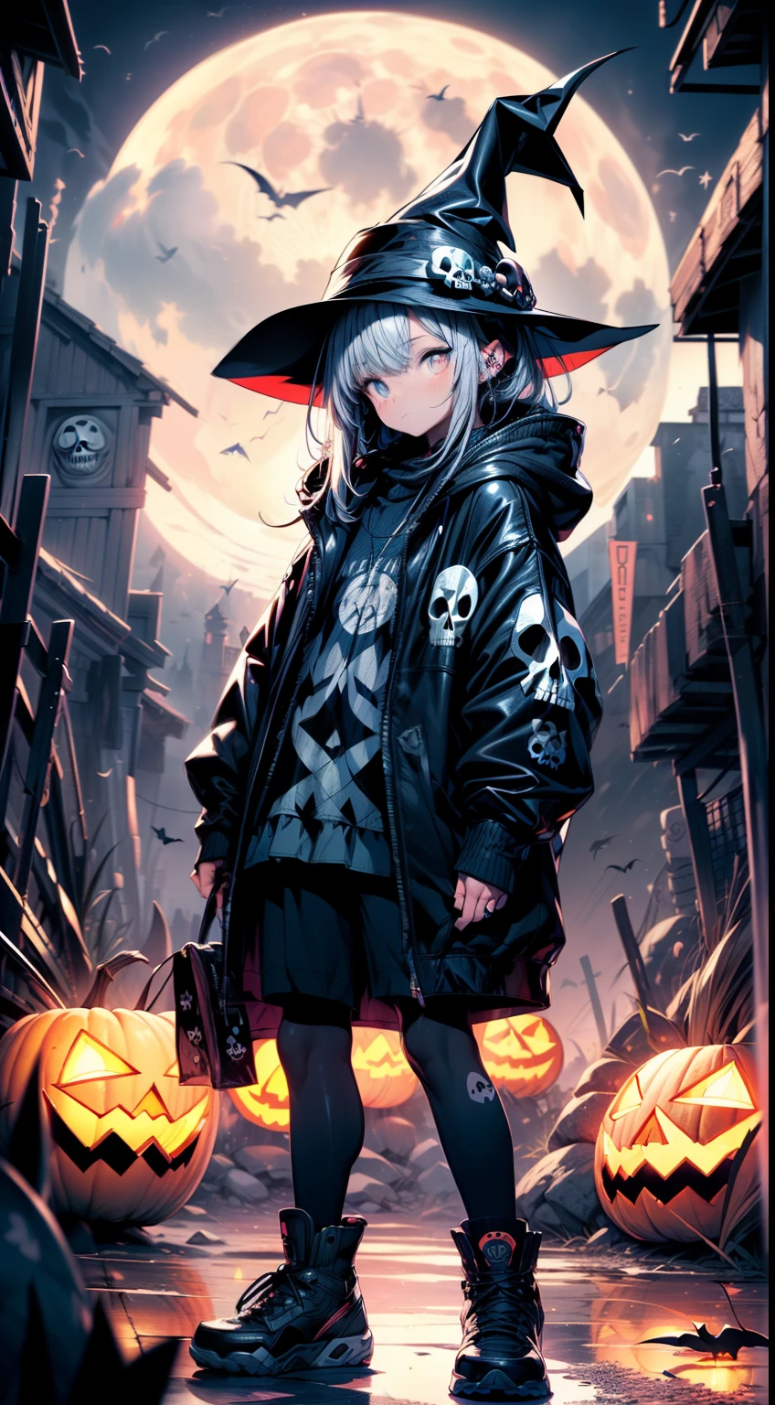 (Best quality,A high resolution,Masterpiece:1.2),Ultra-detailed,Rich Halloween atmosphere,There are geometrically shaped circles on the ground,Glowing circles,1loli,(Holding a glowing jack-o-lantern in his hand:1.3),Witch hat,(Clothing with a human bone motif:1.4),Desolate background,(The bare trees are covered with jack-o-lanterns:1.3),A few flying bats,(A full skull-shaped moon:1.2),eerie moonlight