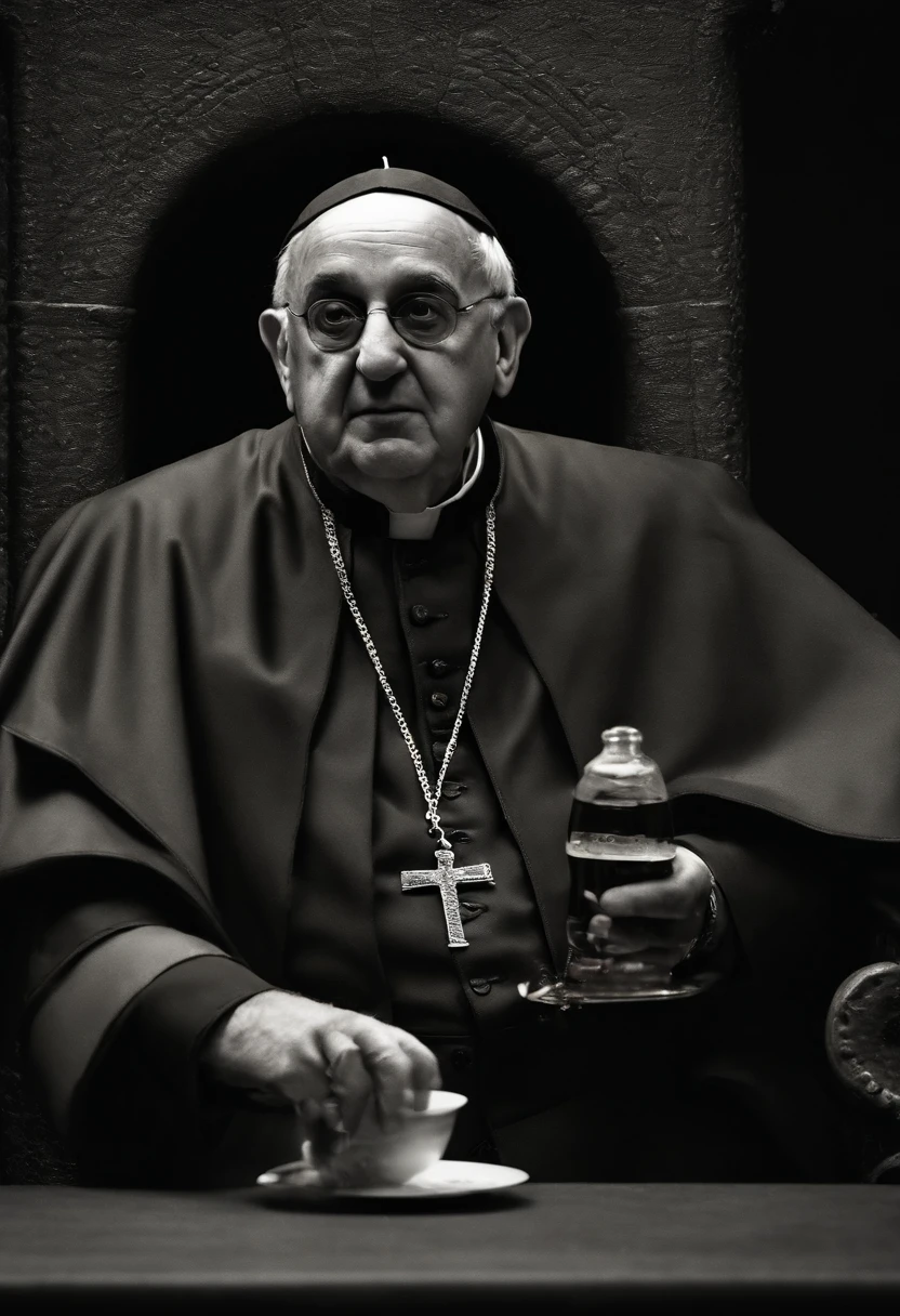 crea una imagen muy realista del papa francisco bebiendo cerveza