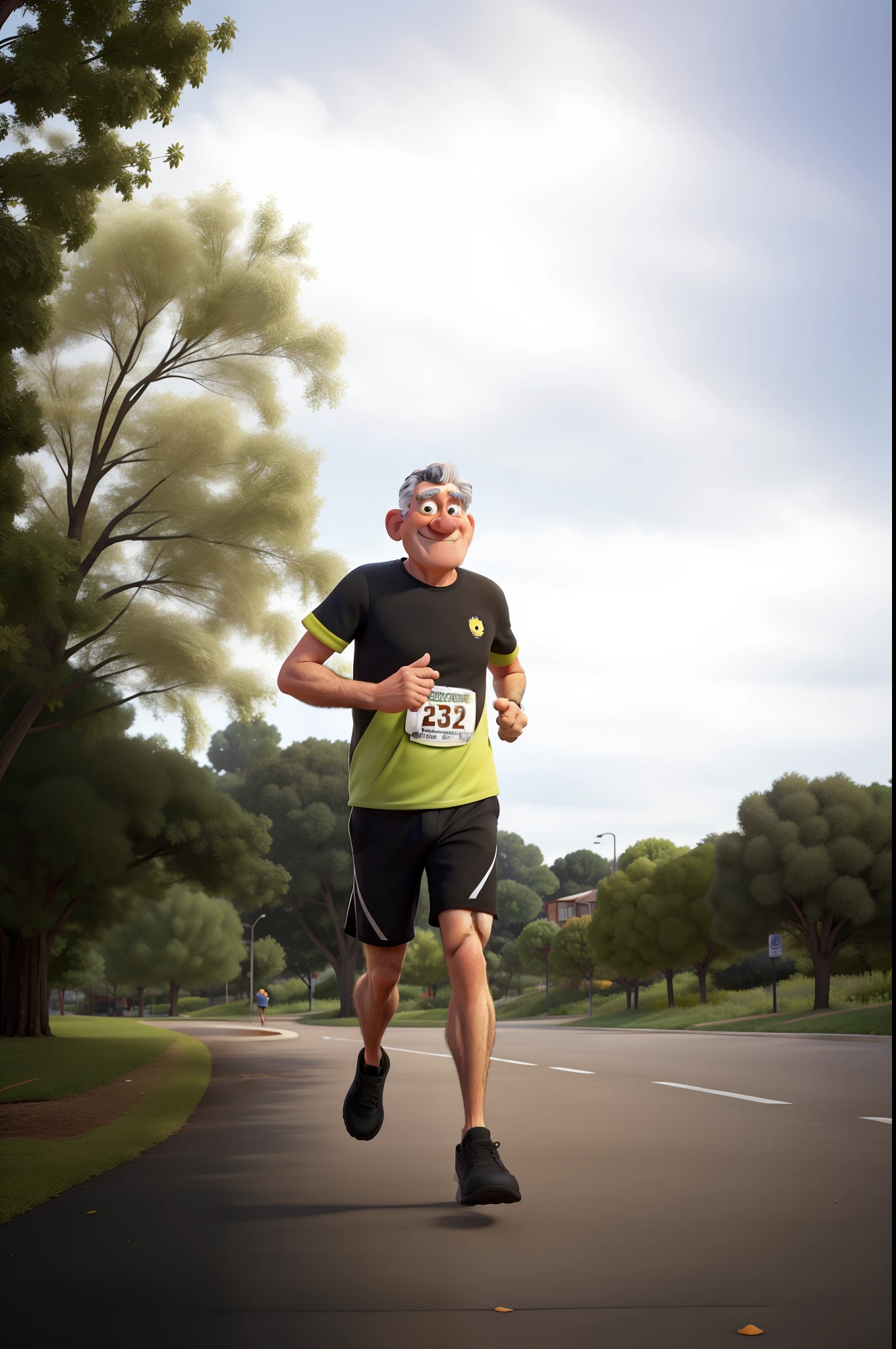 Pixar style drawing
55-year-old man, amateur street runner, has run 3 marathons and 112 street races, is also a gastronomy student and baker
