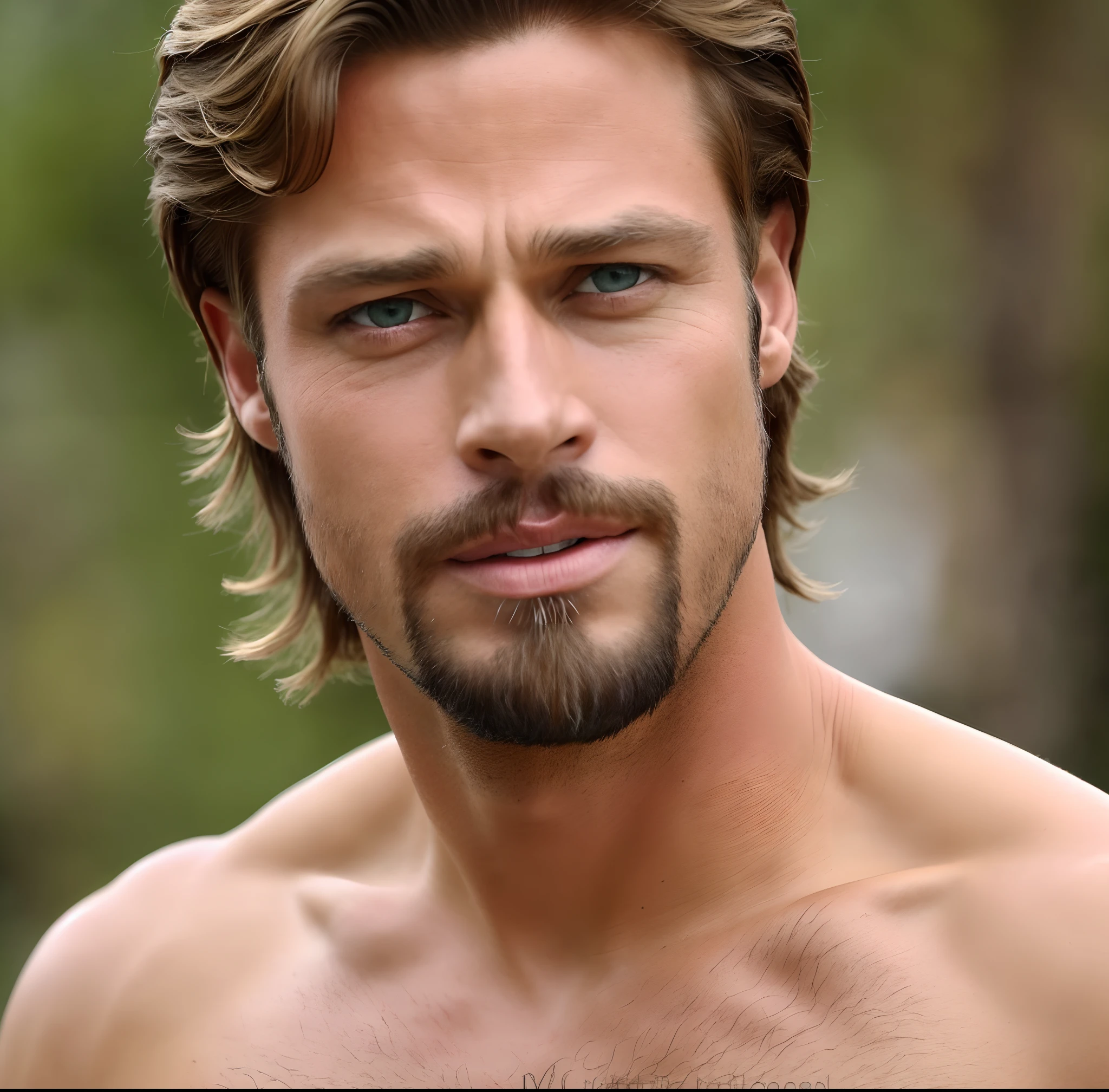Close-up de homem parecido com Pablo Alboran e brad pitt, , brown hair, banho em cachoeira. pele perfeita. olhos azuis, Foto RAW, cabelos molhados. pele real. olhar sexy. luz natural. rosto muito detalhado. fotorrealista, hiperdetalhado, alta qualidade, 8k