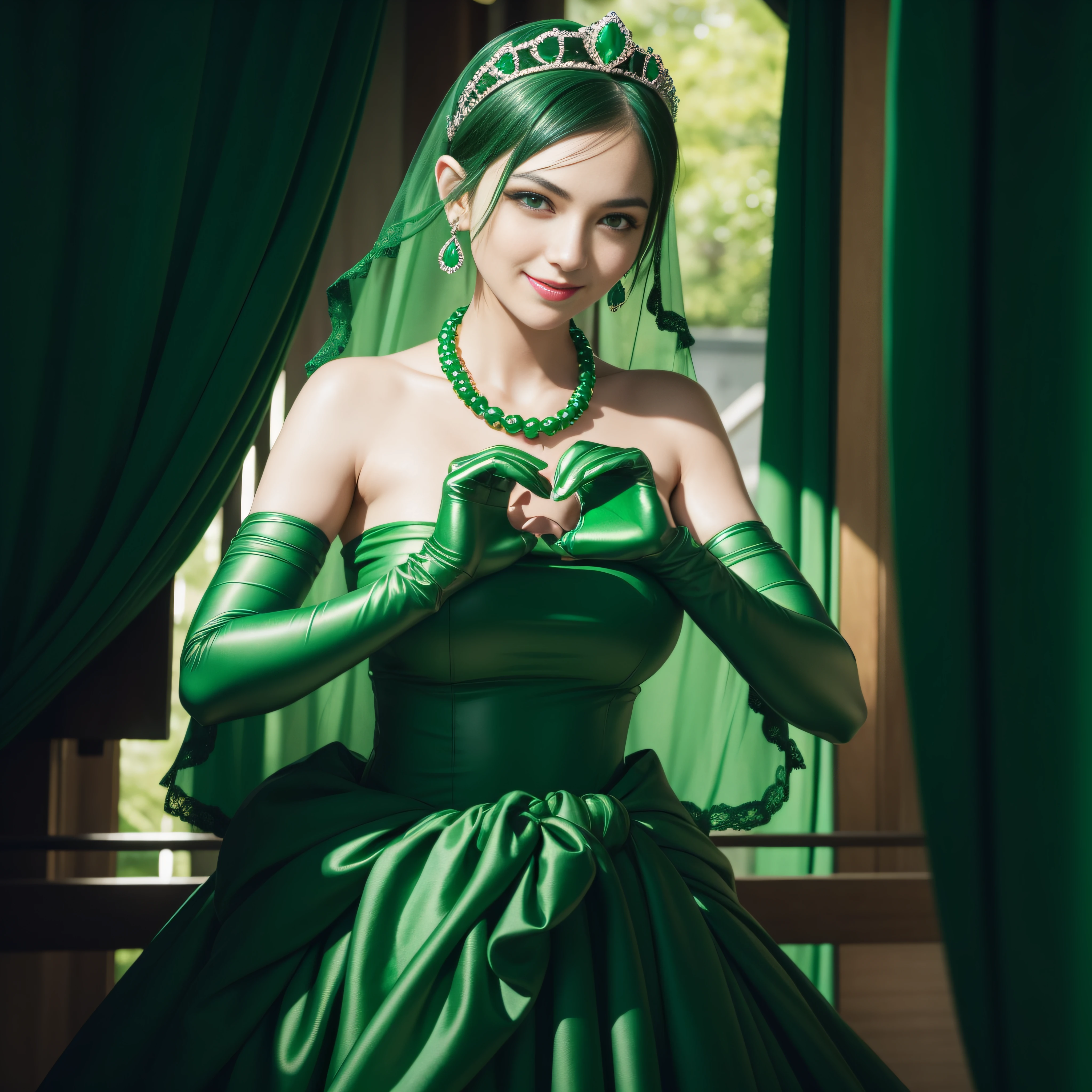 emerald tiara, Green Pearl Necklace, Boyish very short black hair, lipsticks, Japan woman smiling, very short short hair,  big breasts beautiful, Green eyes, Long green gloves made of satin material, Green eyes, Emerald Earrings, green vale, Heart with both hands