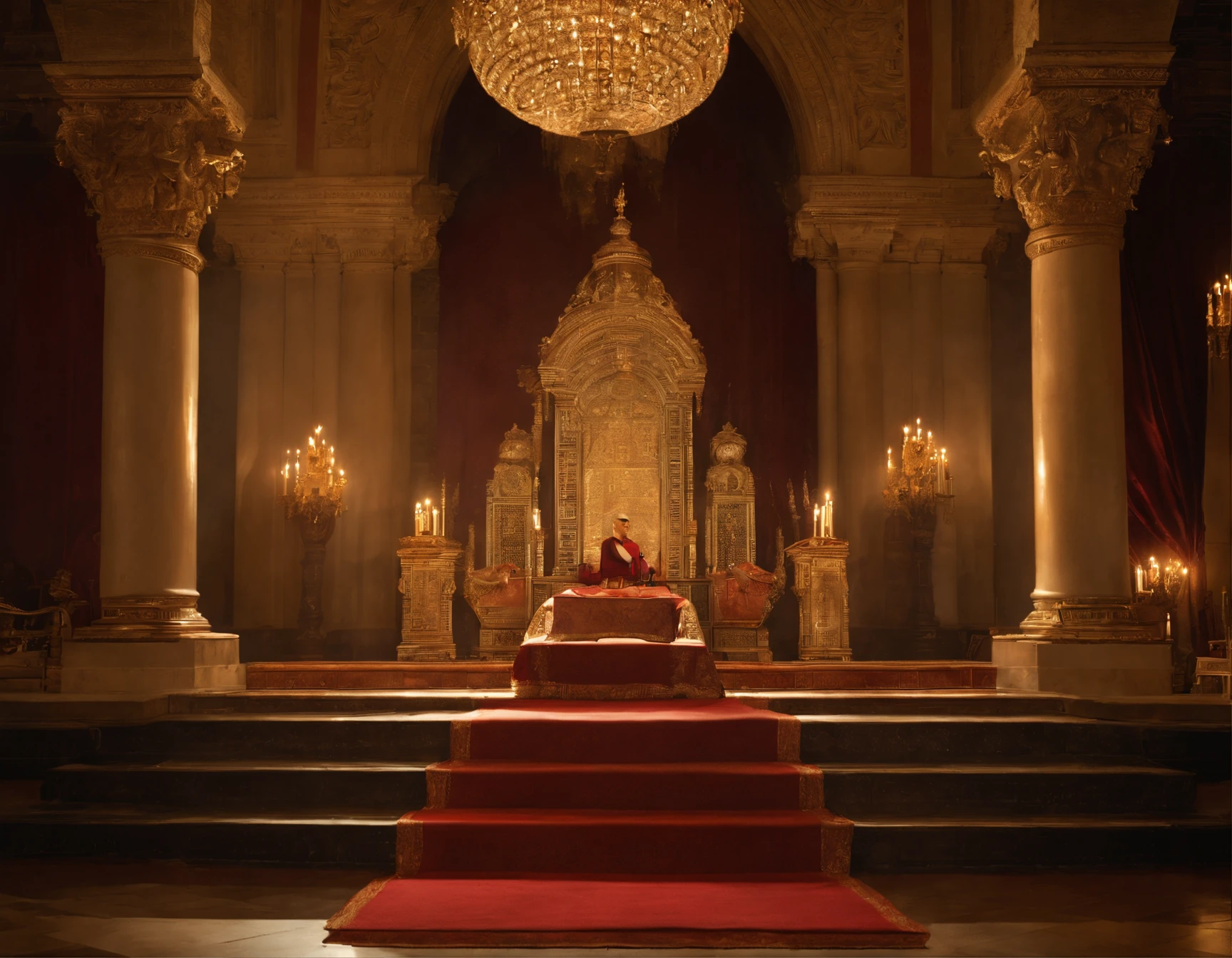 the prophet Nathan;,kneeling before Solomon's throne,rostos brilhando com luz divina, Solomon, jovens e nobres, usando uma coroa, sentado confiantemente no trono, The Other Kingdom Leaders, Admiration and reverence, seus rostos cheios de expectativa e respeito, The ceremony taking place in a large hall, adorned with intricate tapestries and gilded chandeliers, o ambiente cheio de solenidade e significado, rays of sun flowing through stained glass windows, casting a colorful glow on the scene, the room filled with the fragrance of burning incense and the sound of soft singing, Captando a sacralidade do momento, The detailed brushstrokes that capture every expression and gesture, dando vida aos personagens, as cores vibrantes e ricas, showcasing the opulence of the palace and the significance of the occasion, as sombras e os realces habilmente renderizados, creating a sense of depth and realism, os detalhes intrincados das roupas dos personagens, adornado com bordados requintados e joias, simbolizando seu status e poder, the twinkling candlelight casting a warm and subtle glow on their faces, capturing your emotions and adding a touch of intimacy to the scene, The overall balanced and harmonious composition, Drawing the viewer's eye to the central figures and their symbolic meaning, The painting inviting viewers to witness this historic moment in the kingdom's history, uma obra-prima da narrativa visual.)