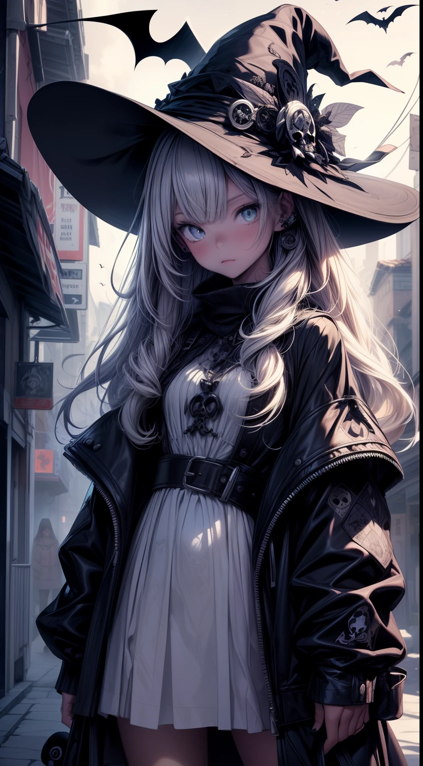 (Best quality,A high resolution,Masterpiece:1.2),Ultra-detailed,Strong Halloween atmosphere,Psychic circle,1loli,Jack-o-lantern,Witch hat,Clothing with a human skeleton pattern,The bare trees are covered with jack-o-lanterns,A few flying bats,A full skull-shaped moon,eerie moonlight