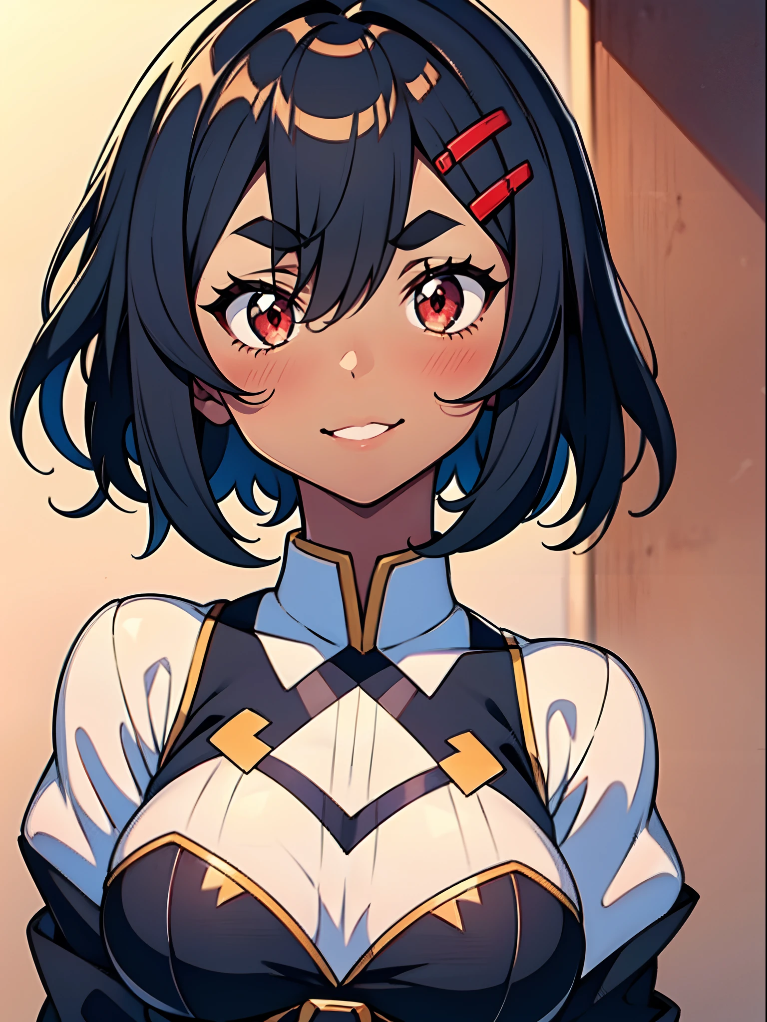 1girl, solo, KUON, short hair, black hair, blue inner hair, tsurime, red hairclip, red eyes, thick eyebrows, dark skin, large brests, ((upper body)),