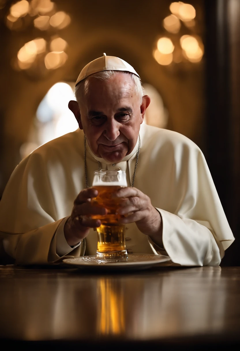 crea una imagen muy realista del papa francisco bebiendo cerveza