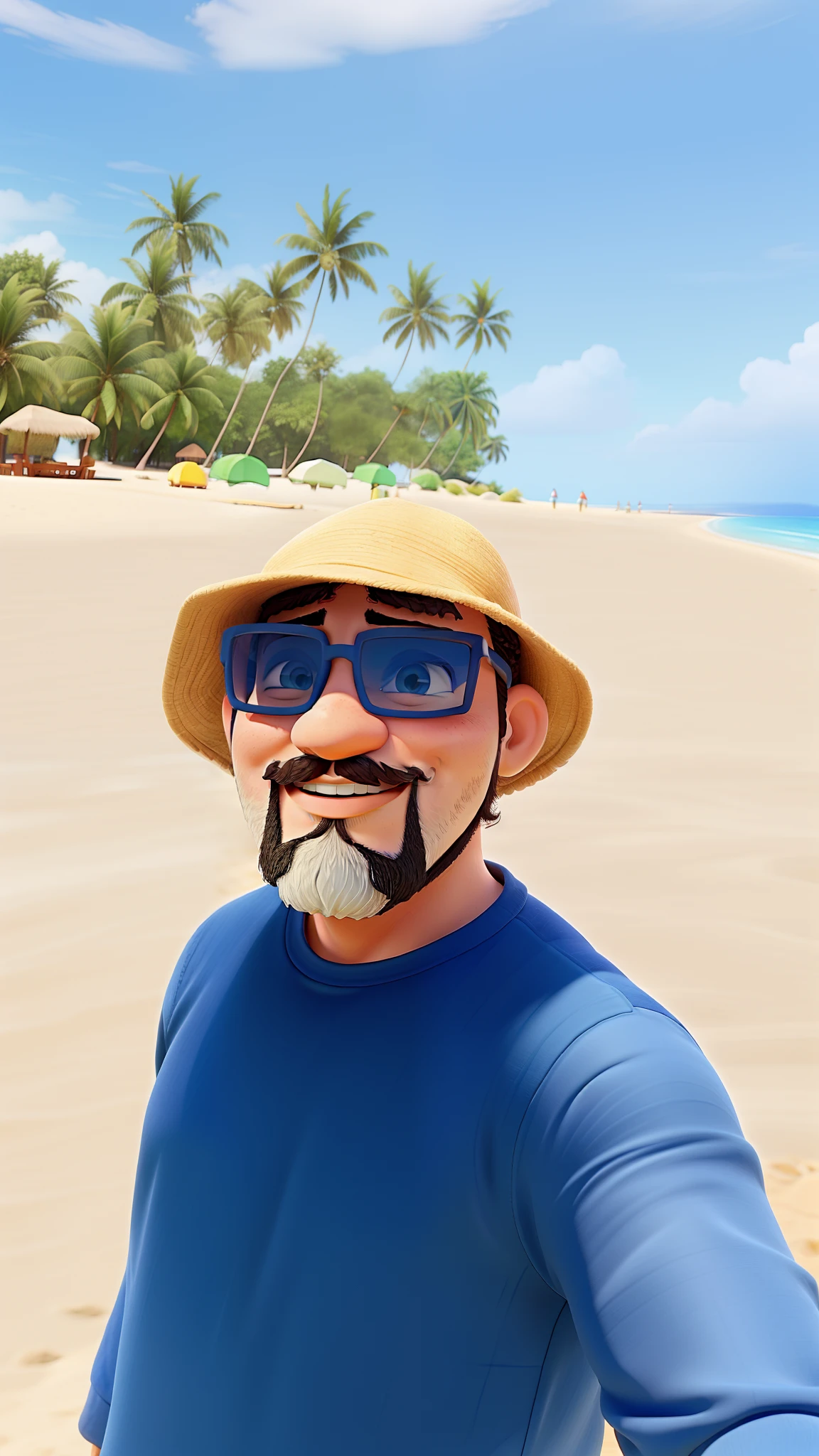 Um rapaz com sorriso maroto, On a lovely beach with blue skies , homem com barba e bigode