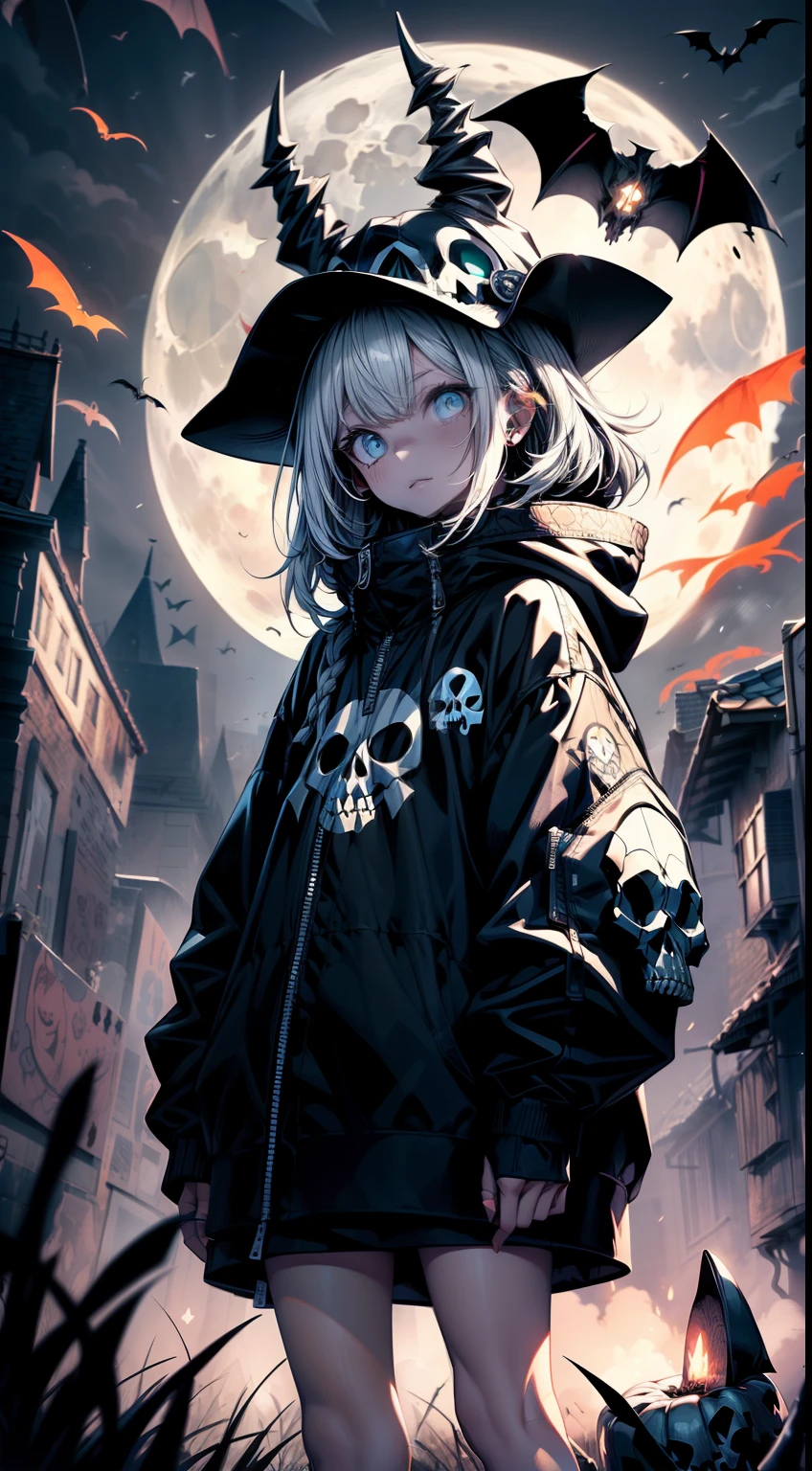 (Best quality,A high resolution,Masterpiece:1.2),Ultra-detailed,Rich Halloween atmosphere，There are geometrically shaped circles on the ground，Glowing circles，1loli，(Holding a glowing jack-o-lantern in his hand:1.3)，Witch hat，(Clothing with a human bone motif:1.4)，Desolate background，(The bare trees are covered with jack-o-lanterns:1.3)，A few flying bats，(A full skull-shaped moon:1.2)，eerie moonlight