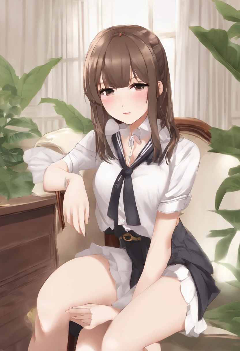 masutepiece, Best Quality, One girl, (a beauty girl, kawaii:1.3), (:1.3), Very fine eye definition, (Symmetrical eyes:1.3), NSFW, (Ero:1.5), (crass room, Sit on a chair:1.2), (Panties, White panties, Shirt, neckerchief:1.3), Fair skin, Beautiful breasts, Brown eyes, Parted bangs, Petite girl、Genital split