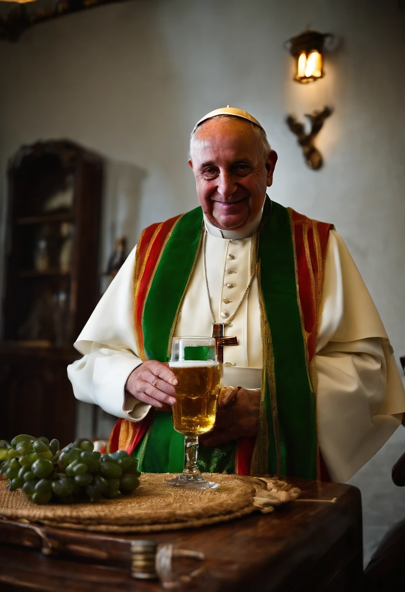 crea una imagen muy realista del papa francisco bebiendo cerveza