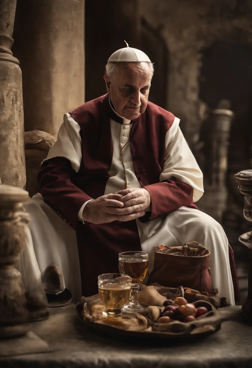 crea una imagen muy realista del papa francisco bebiendo cerveza